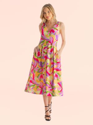 Sleeveless Colorful Floral Print Midi Length Fit and Flare Pocket Dress sold by 24/7 Comfort Apparel