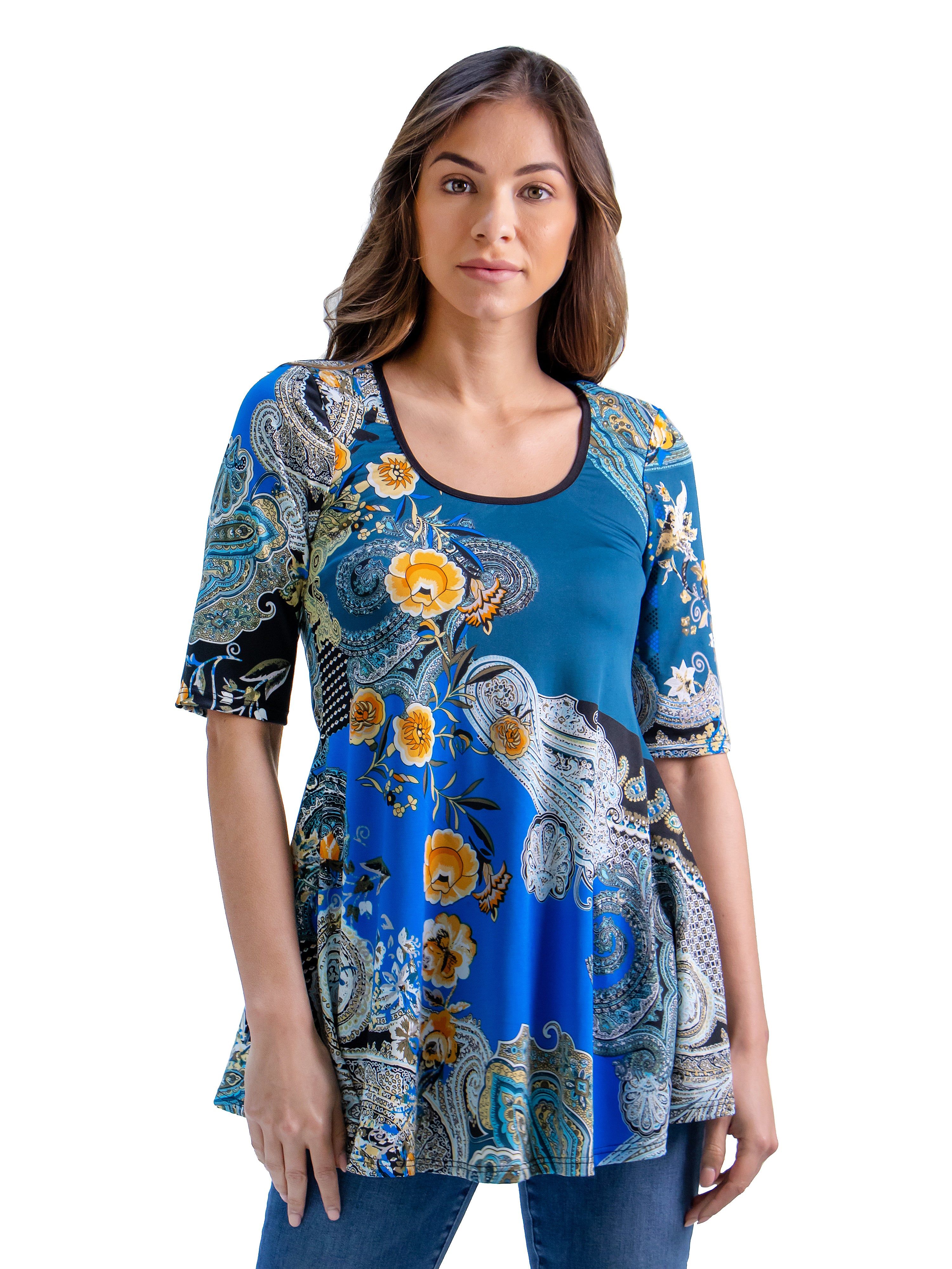 Blue Paisley Elbow Sleeve Flared Tunic Top sold by 24/7 Comfort Apparel