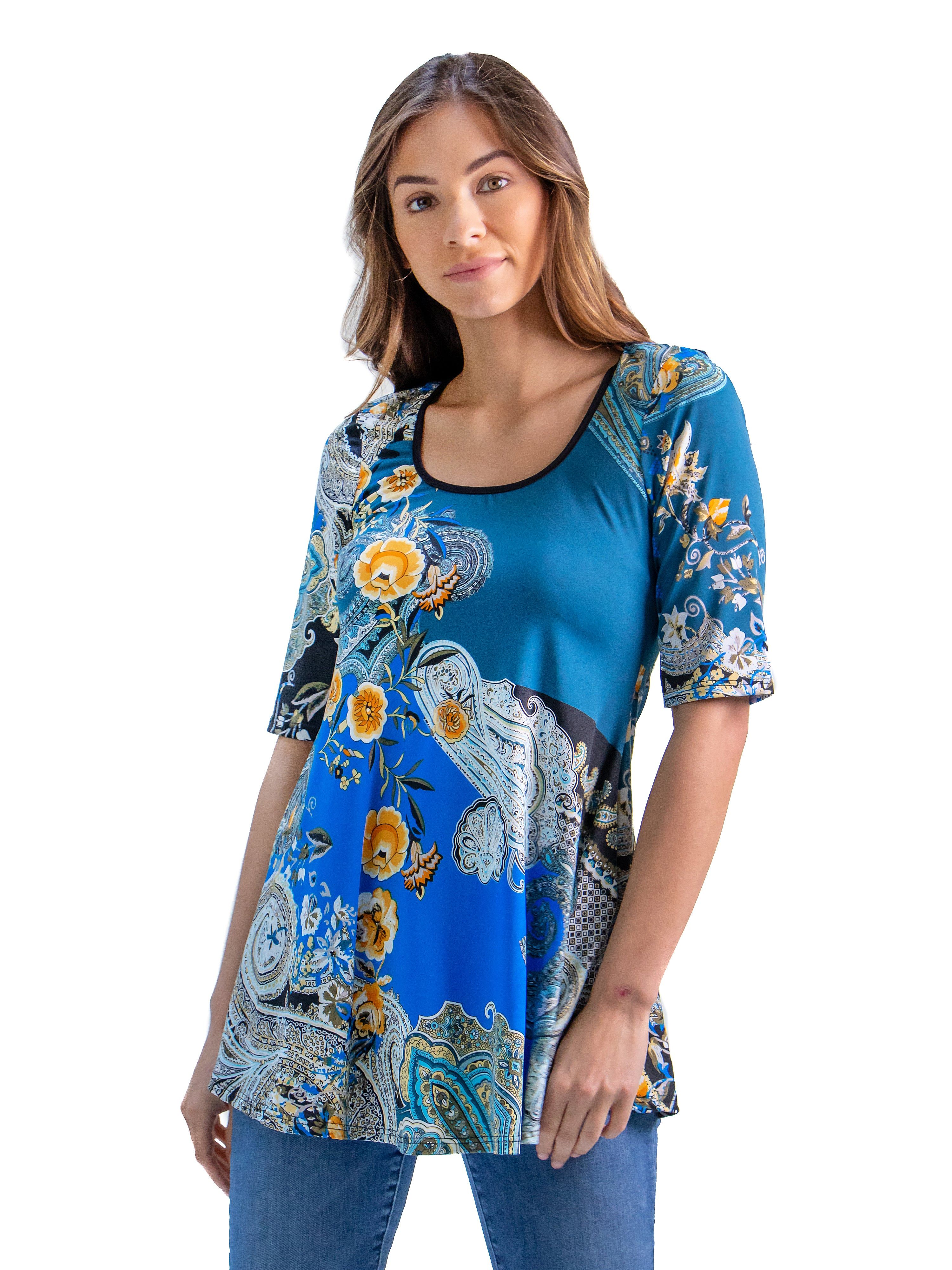 Blue Paisley Elbow Sleeve Flared Tunic Top sold by 24/7 Comfort Apparel product image thumbnail 2