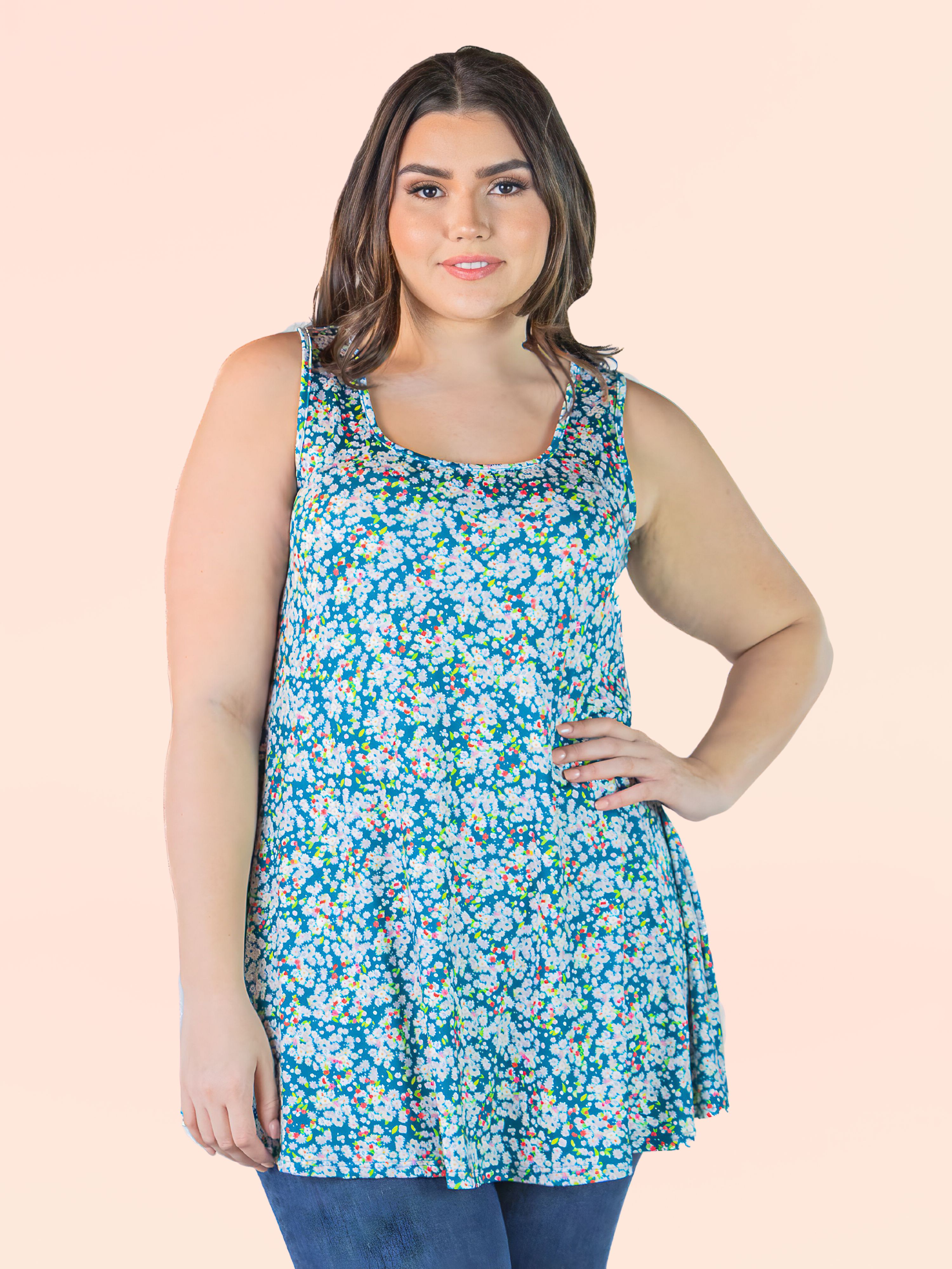 Plus Size Teal Tiny Floral Print Scoop Neck Tank Top sold by 24/7 Comfort Apparel