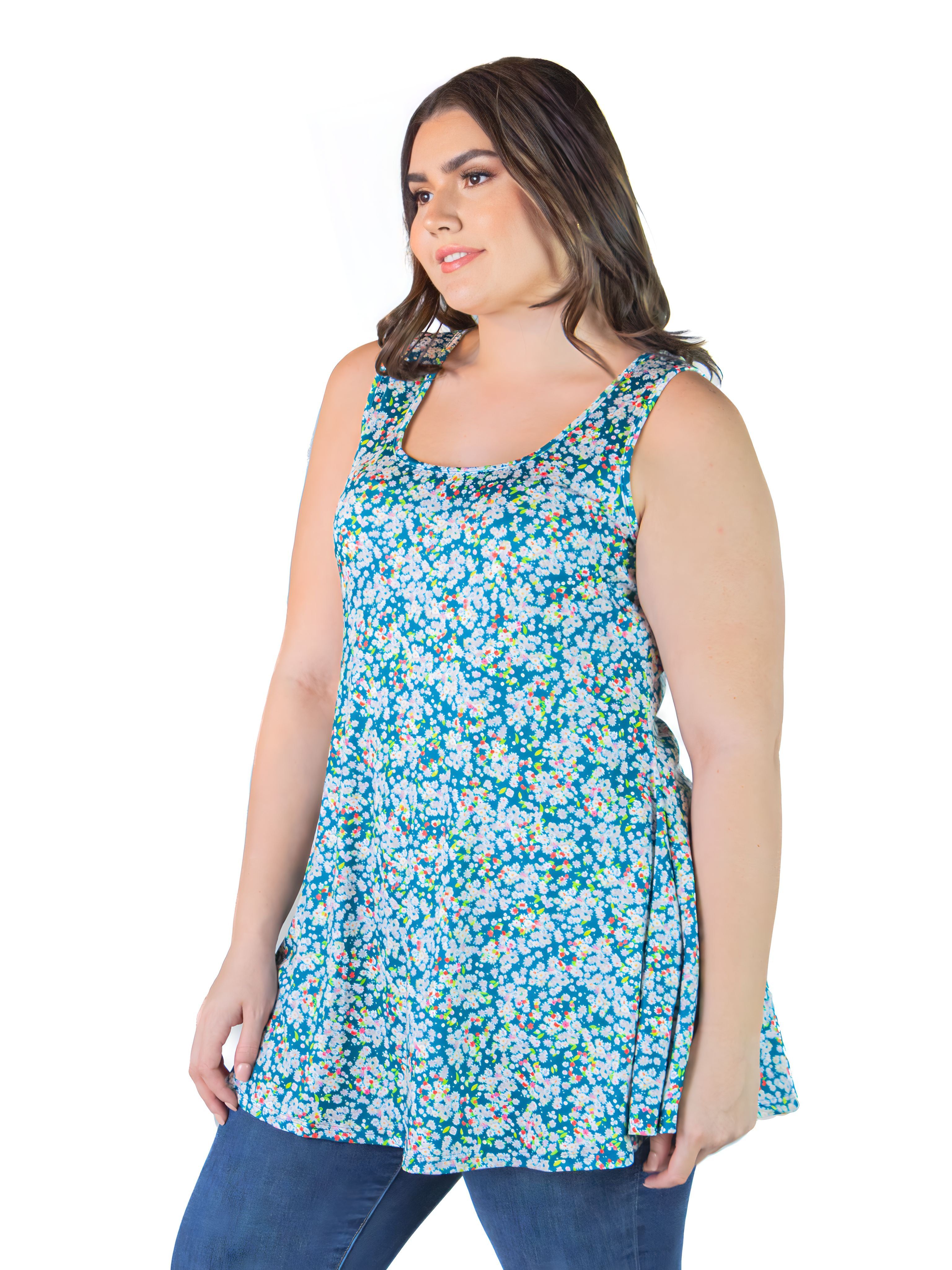 Plus Size Teal Tiny Floral Print Scoop Neck Tank Top sold by 24/7 Comfort Apparel product image thumbnail 2
