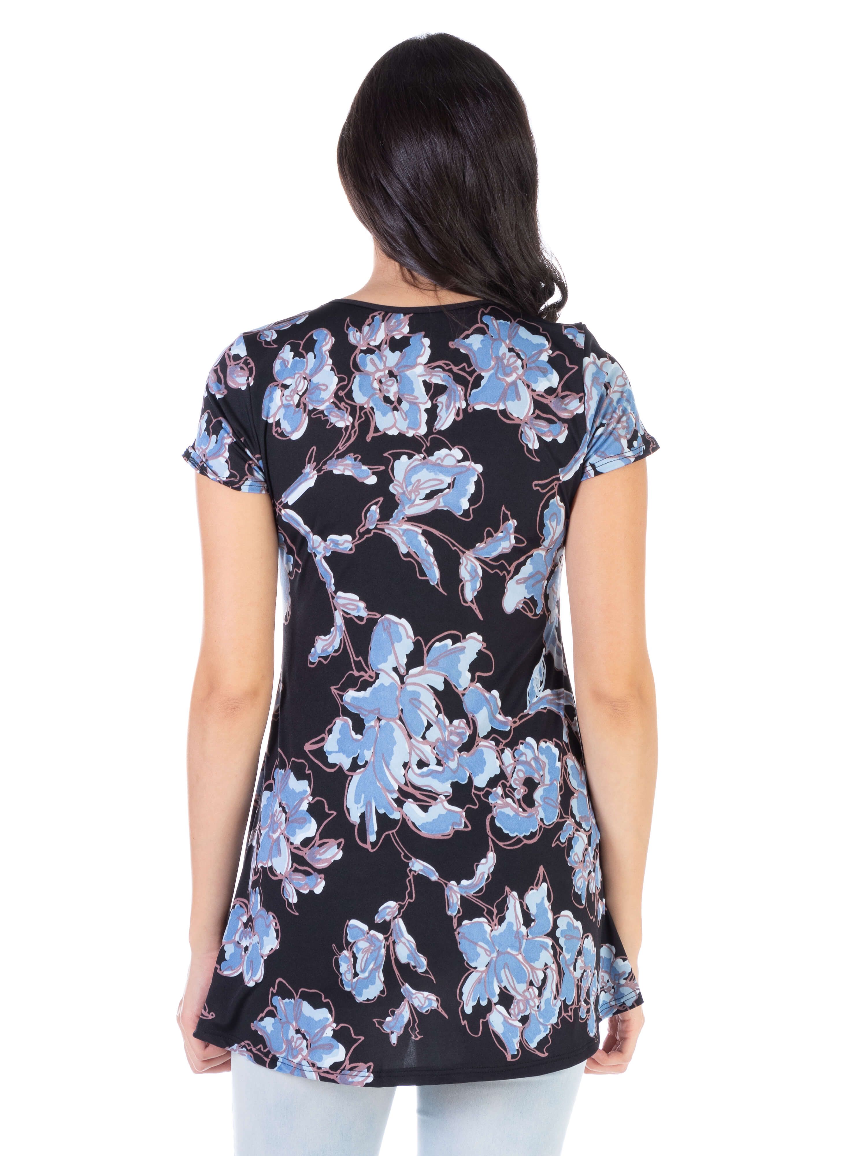 Blue Floral Short Sleeve V Neck Casual T Shirt Tunic Top sold by 24/7 Comfort Apparel product image thumbnail 3