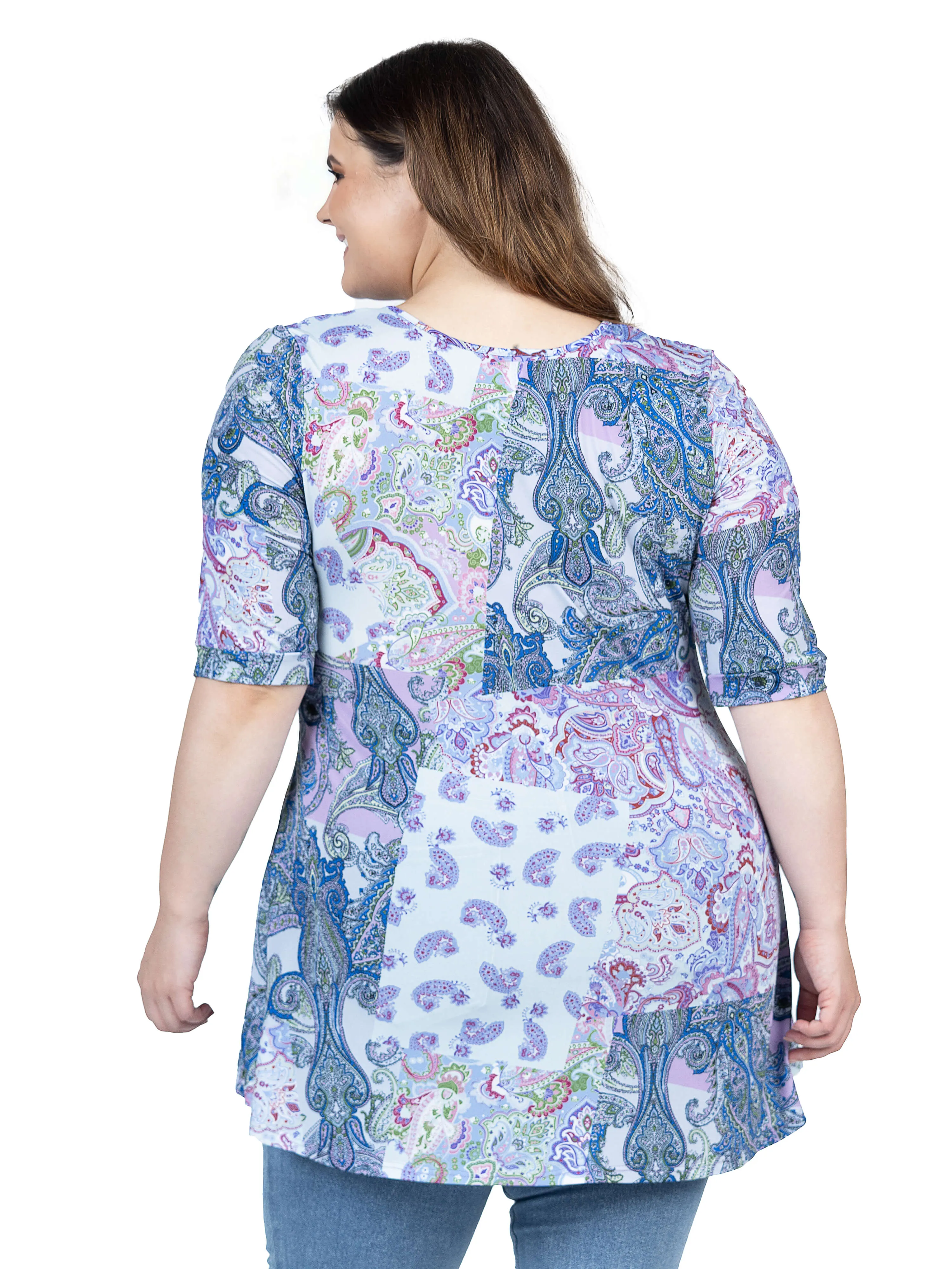 Purple Paisley Print Plus Size Elbow Sleeve V Neck Henley Tunic Top sold by 24/7 Comfort Apparel product image thumbnail 3