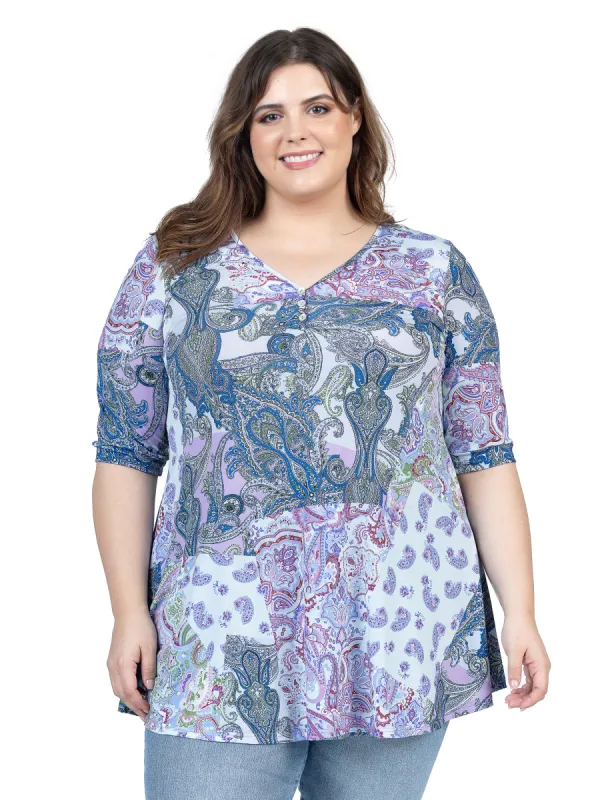 Purple Paisley Print Plus Size Elbow Sleeve V Neck Henley Tunic Top sold by 24/7 Comfort Apparel