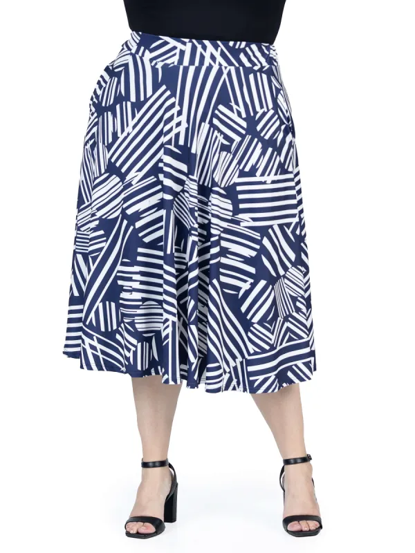 Plus Size Navy Geometric Print Pleated Midi Skirt With Pockets sold by 24/7 Comfort Apparel