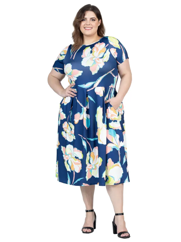 Plus Size Blue Floral Short Sleeve Pleated Flare Midi Pocket Dress sold by 24/7 Comfort Apparel