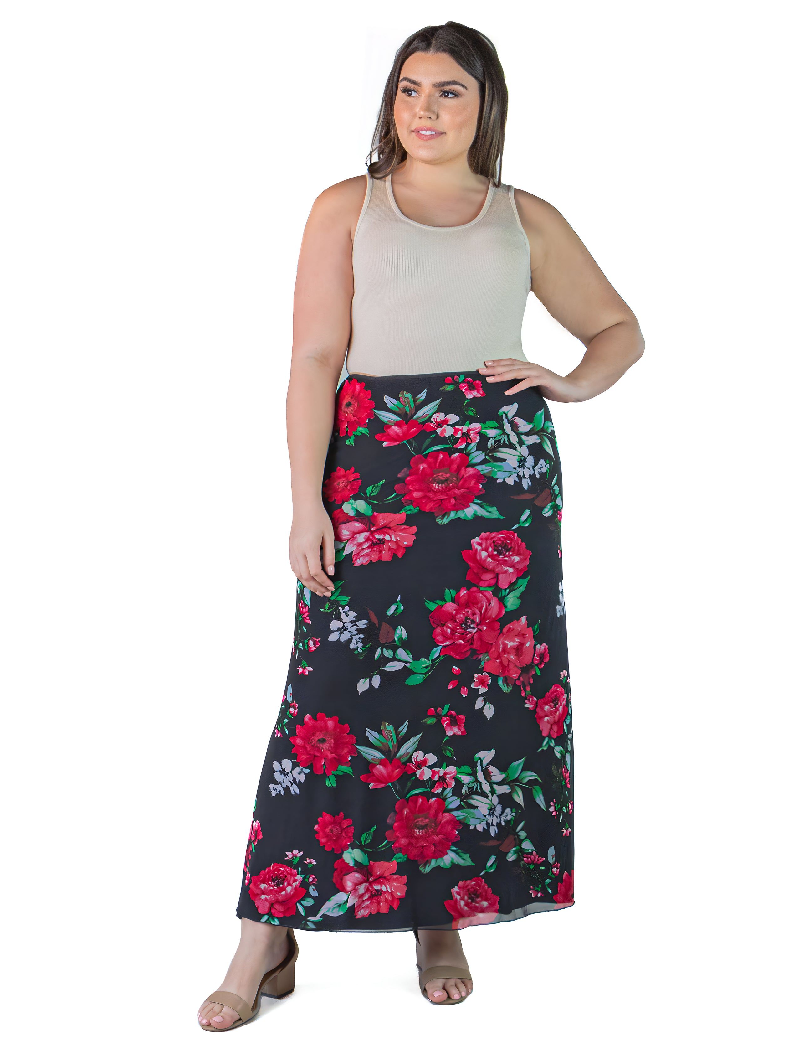 Plus Size Black and Red Floral Print Sheer Overlay Elastic Waist Maxi Skirt sold by 24/7 Comfort Apparel