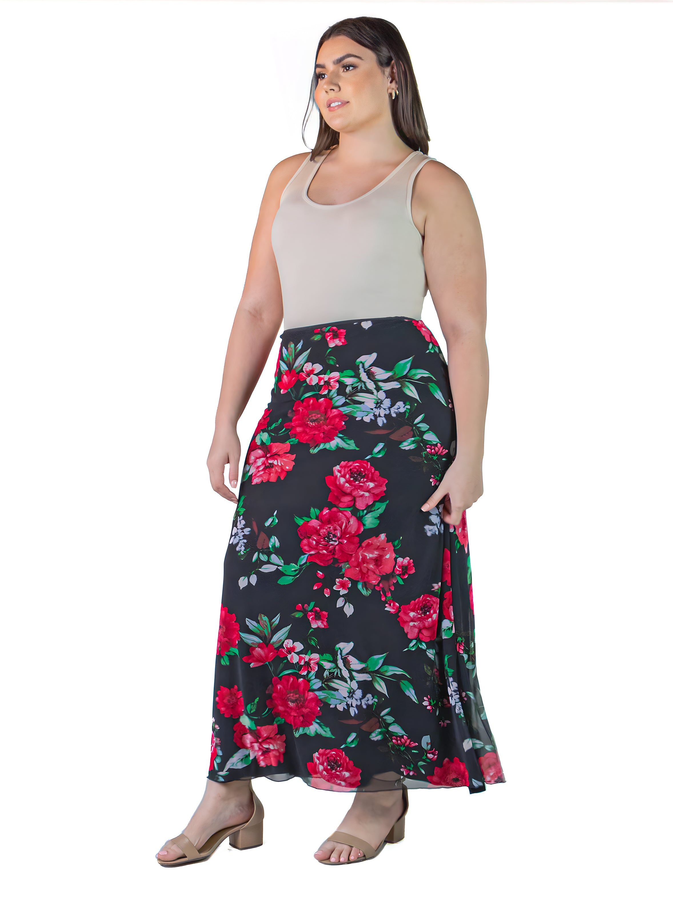 Plus Size Black and Red Floral Print Sheer Overlay Elastic Waist Maxi Skirt sold by 24/7 Comfort Apparel product image thumbnail 2