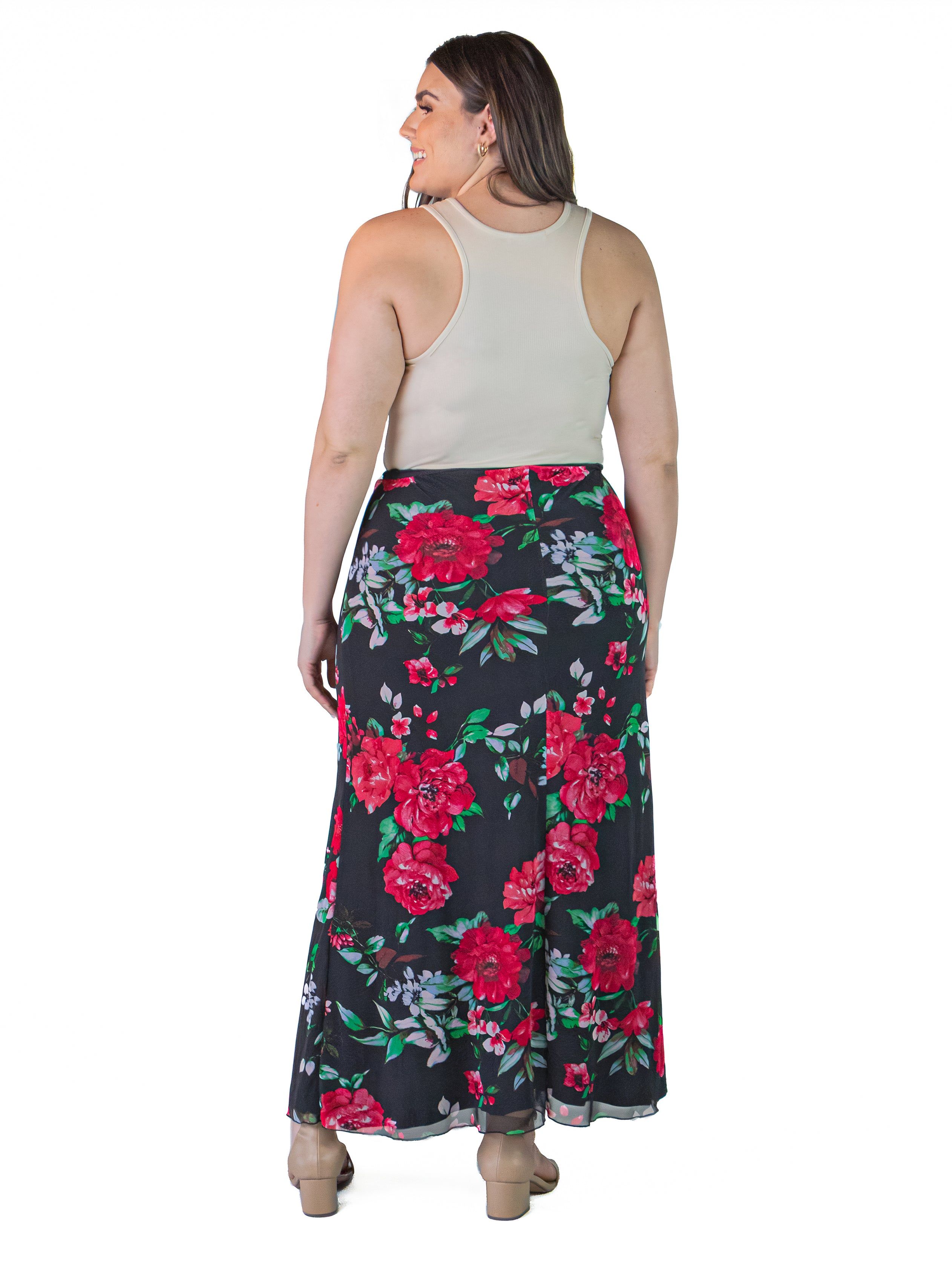 Plus Size Black and Red Floral Print Sheer Overlay Elastic Waist Maxi Skirt sold by 24/7 Comfort Apparel product image thumbnail 3