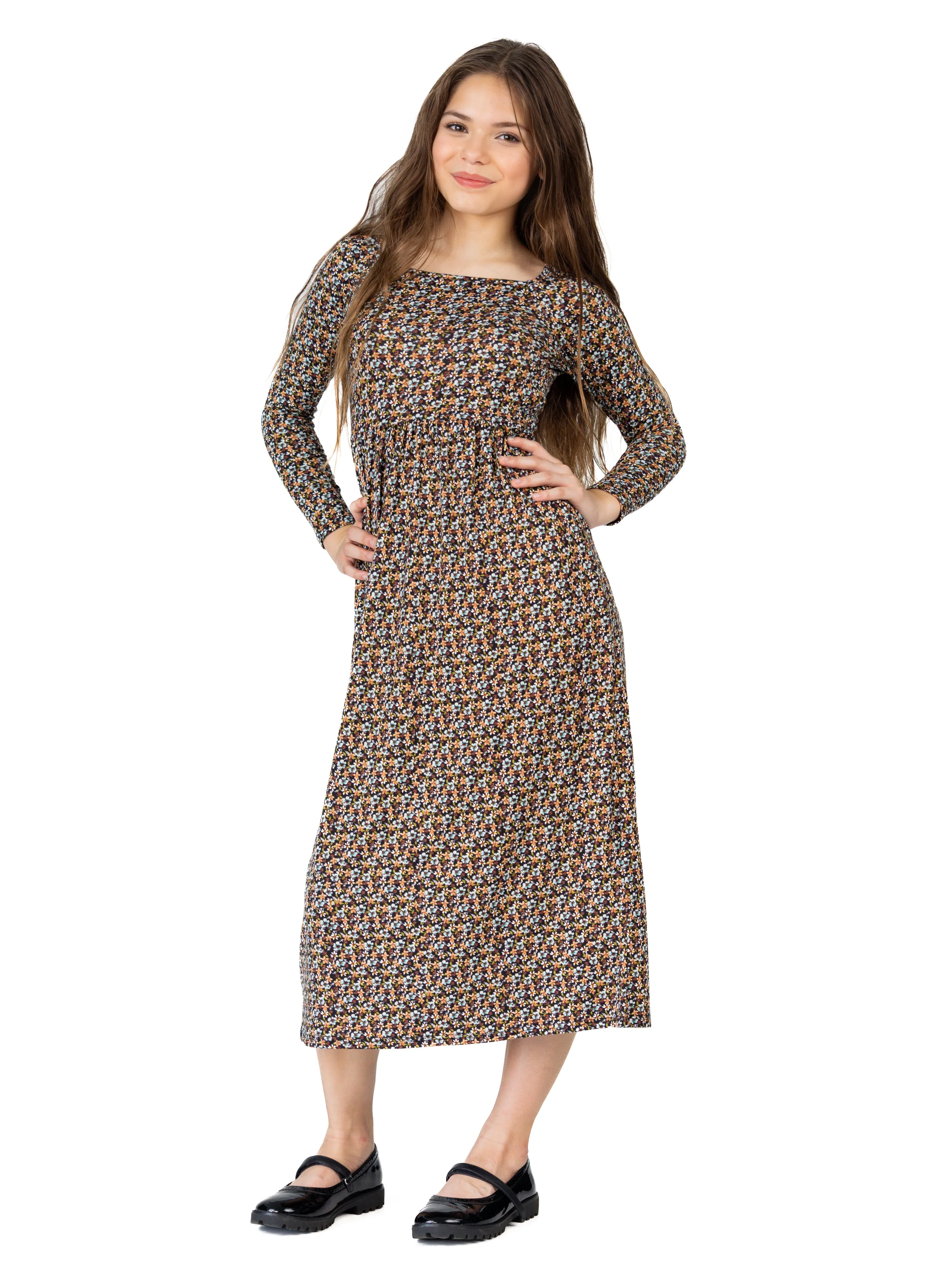 24seven Comfort Apparel Charming Floral Girls Long Sleeve Maxi Dress sold by 24/7 Comfort Apparel product image thumbnail 2