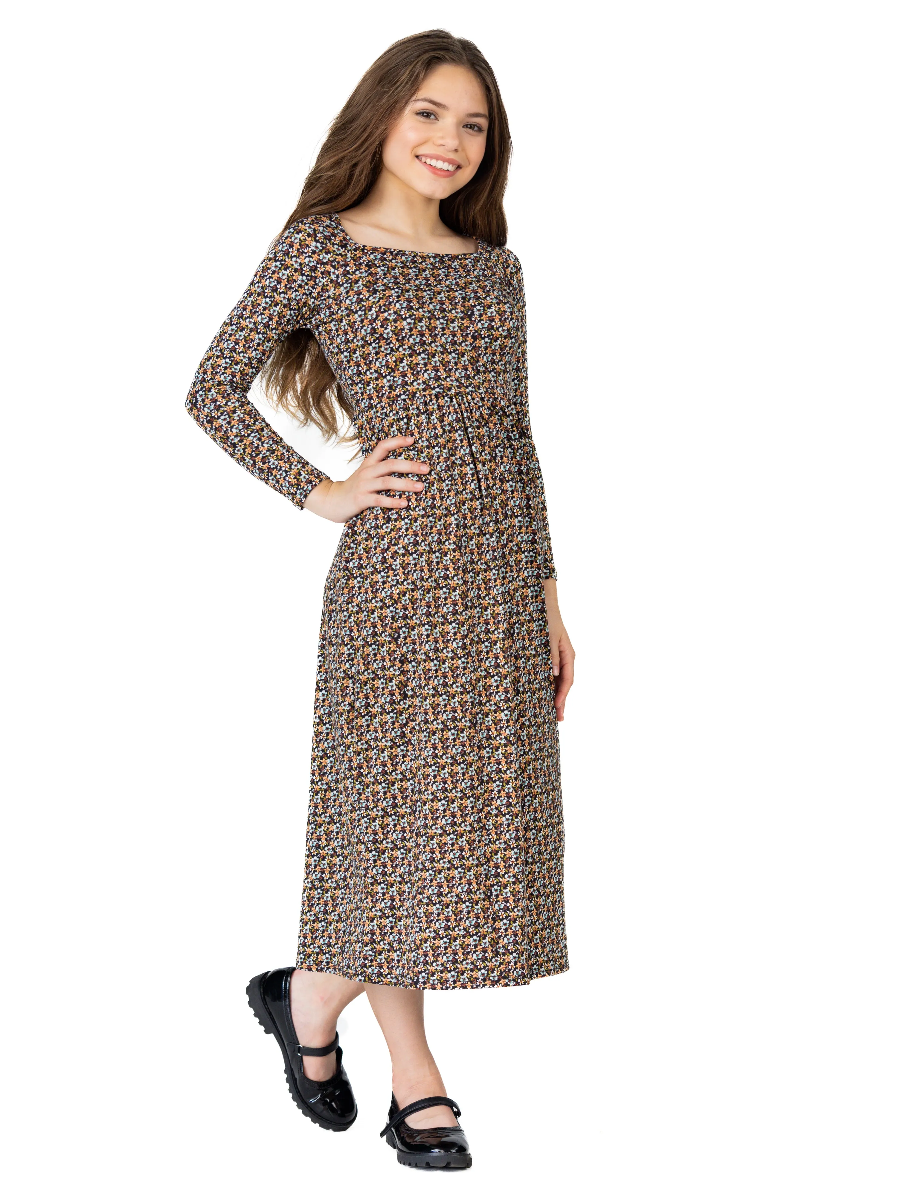 24seven Comfort Apparel Charming Floral Girls Long Sleeve Maxi Dress sold by 24/7 Comfort Apparel product image thumbnail 4