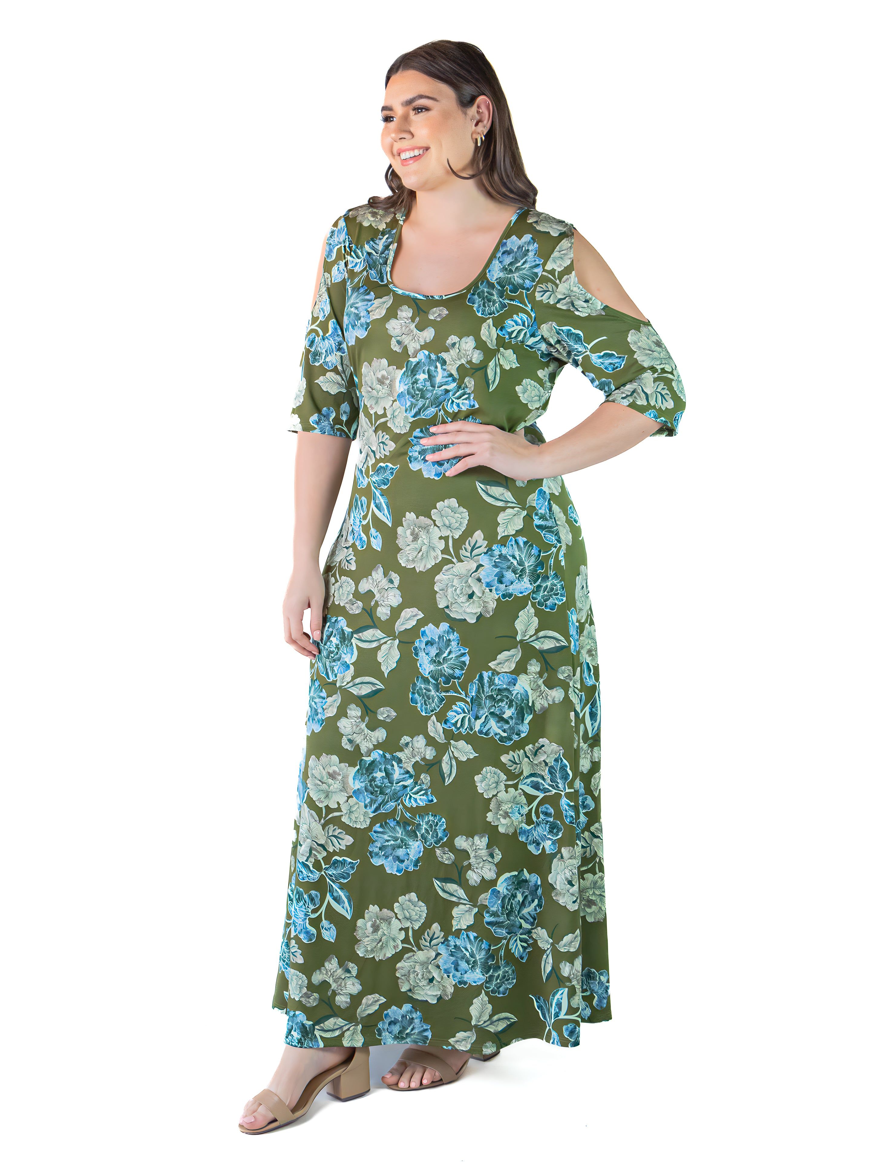 Plus Size Green Floral Cold Shoulder Flowy Casual Maxi Dress sold by 24/7 Comfort Apparel product image thumbnail 2