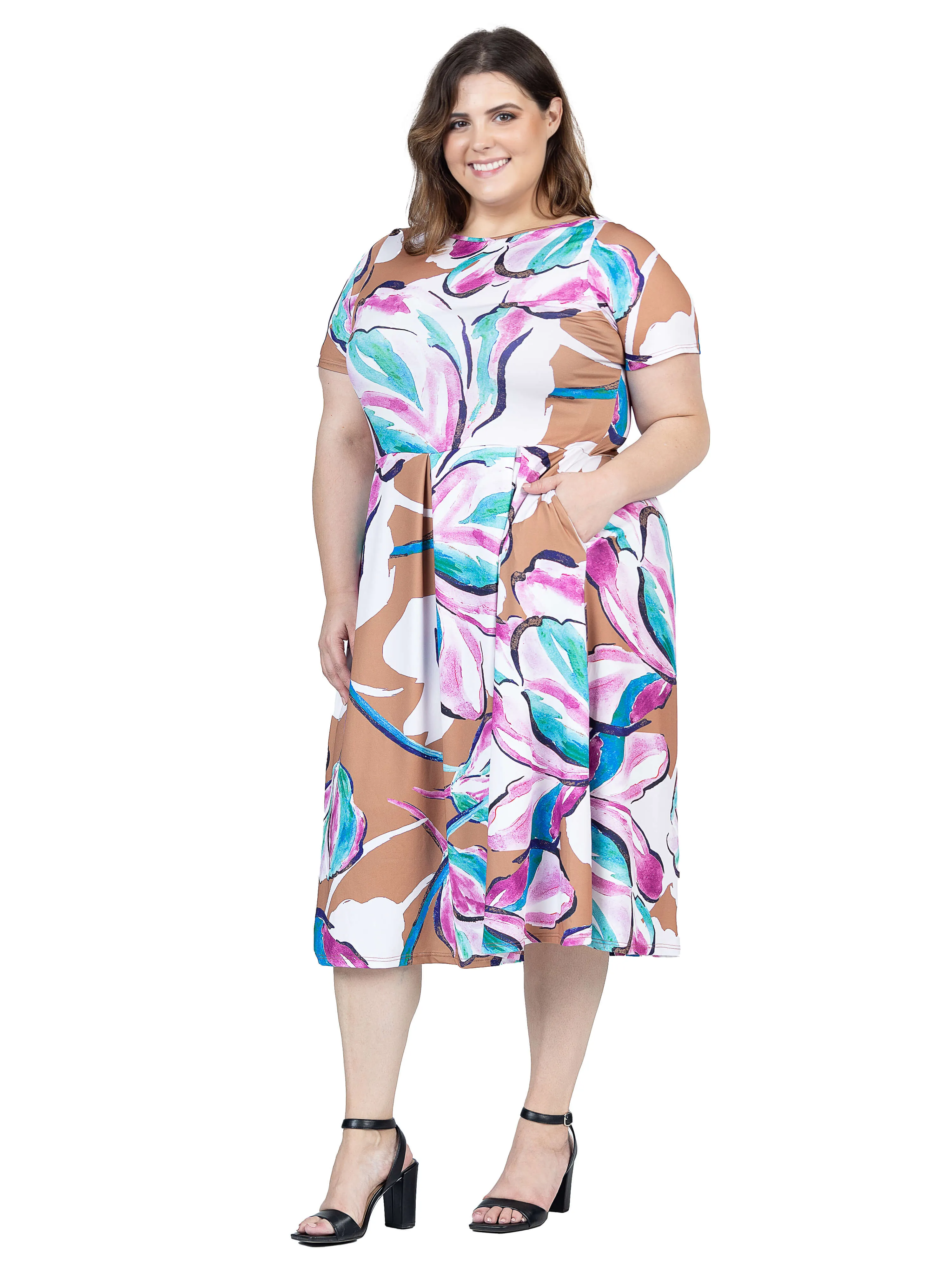 Plus Size Abstract Floral Short Sleeve Pleated Flare Midi Pocket Dress sold by 24/7 Comfort Apparel product image thumbnail 2