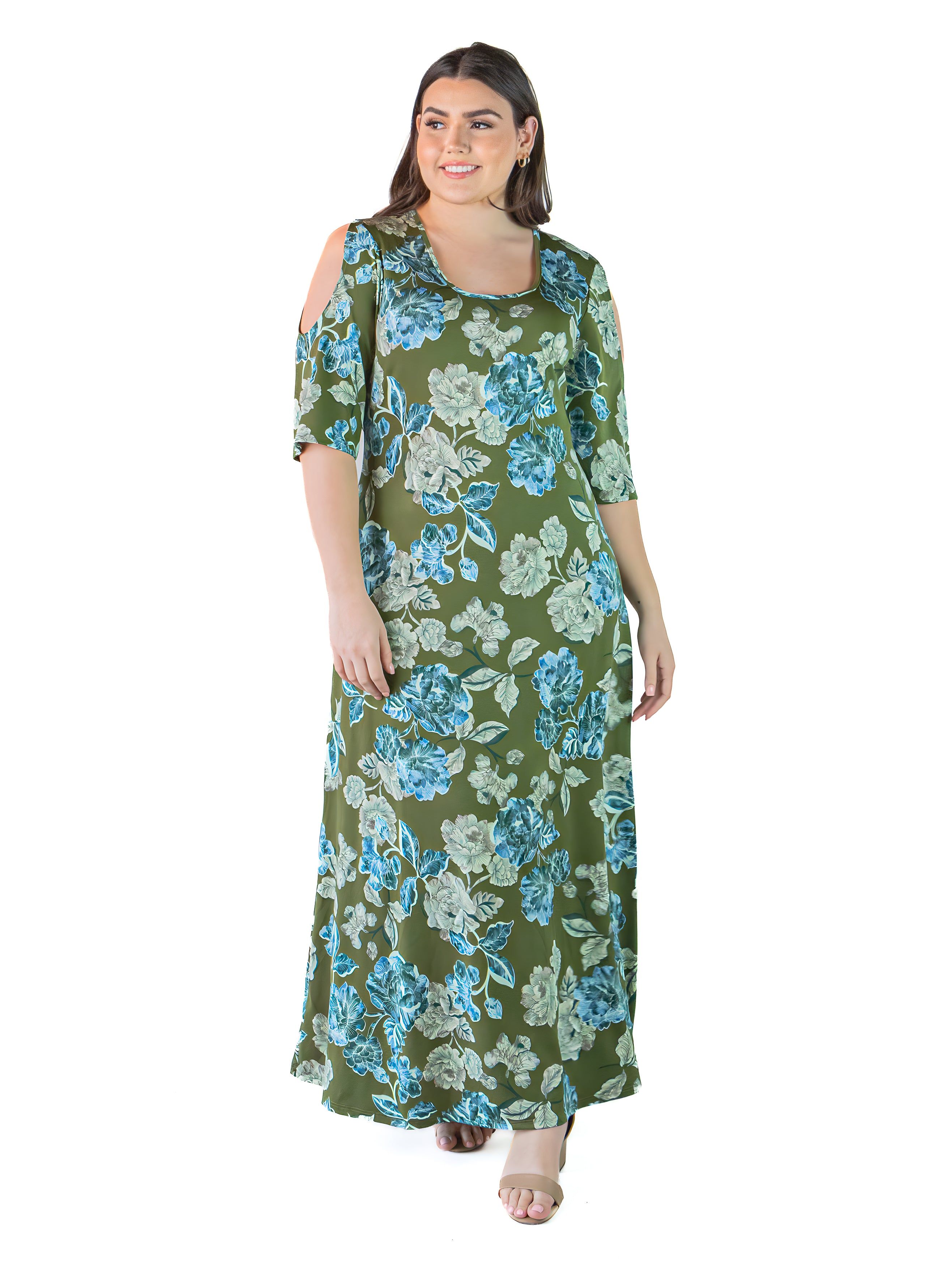 Plus Size Green Floral Cold Shoulder Flowy Casual Maxi Dress sold by 24/7 Comfort Apparel