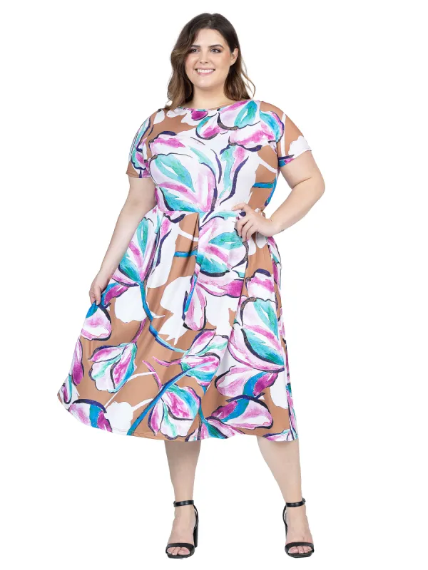 Plus Size Abstract Floral Short Sleeve Pleated Flare Midi Pocket Dress sold by 24/7 Comfort Apparel