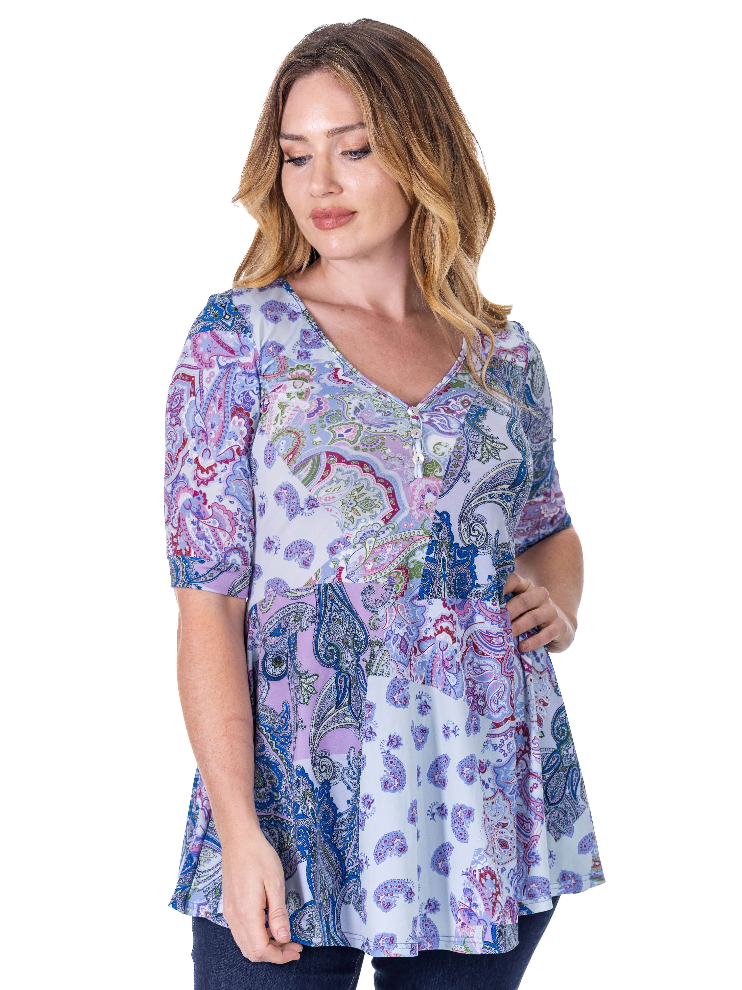 Purple Paisley Print Elbow Sleeve V Neck Henley Tunic Top sold by 24/7 Comfort Apparel product image thumbnail 3