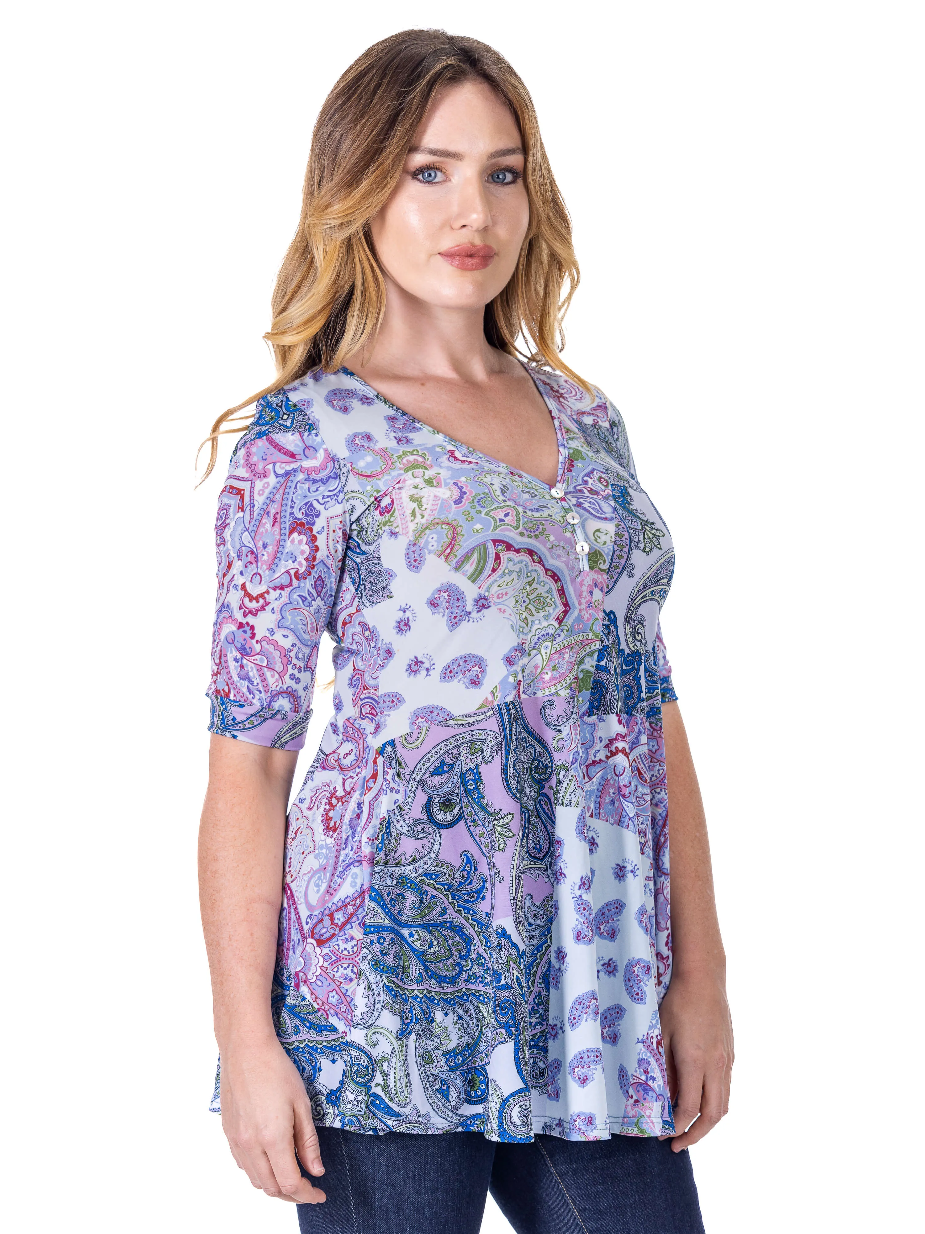 Purple Paisley Print Elbow Sleeve V Neck Henley Tunic Top sold by 24/7 Comfort Apparel product image thumbnail 4
