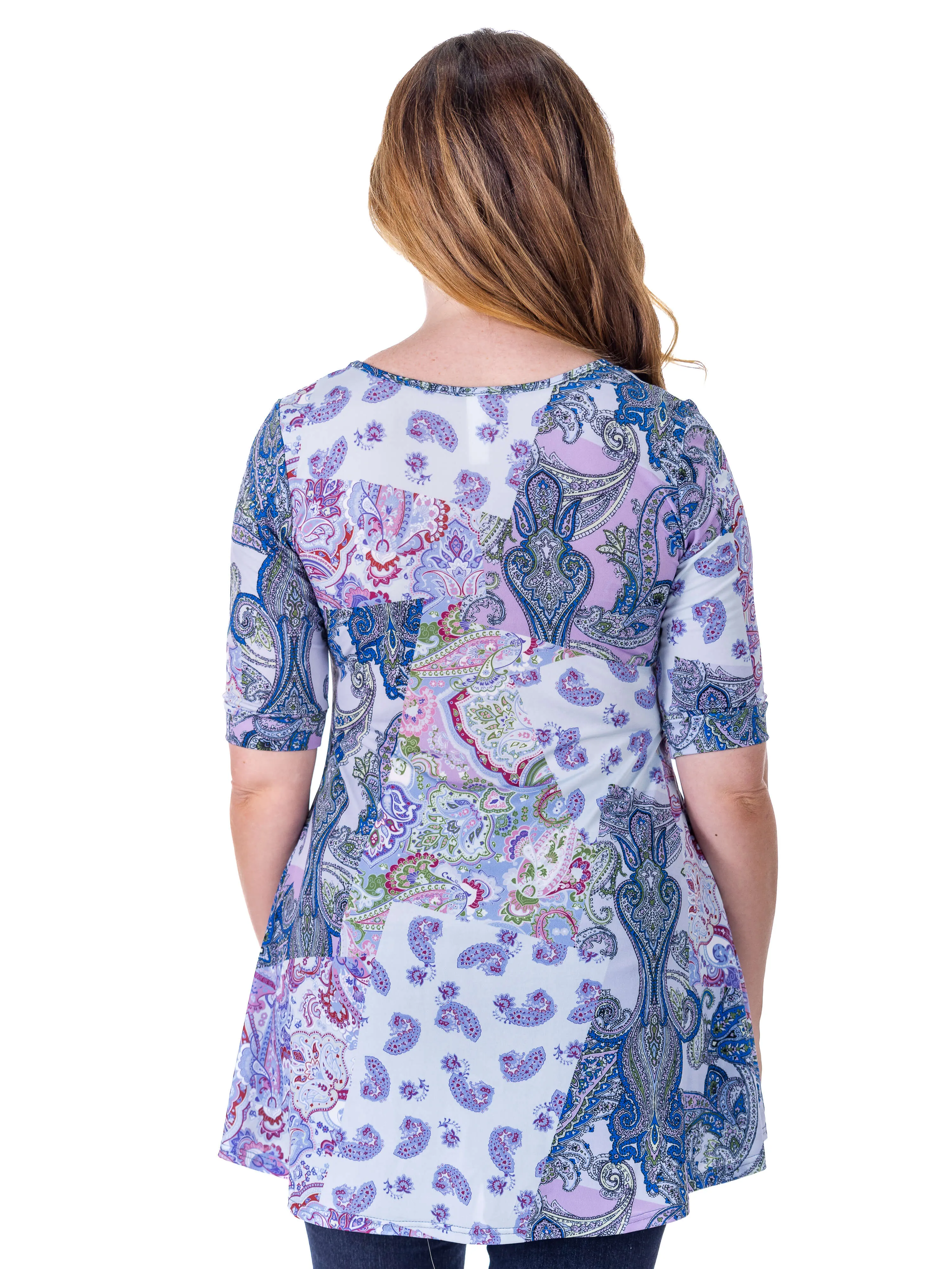 Purple Paisley Print Elbow Sleeve V Neck Henley Tunic Top sold by 24/7 Comfort Apparel product image thumbnail 5