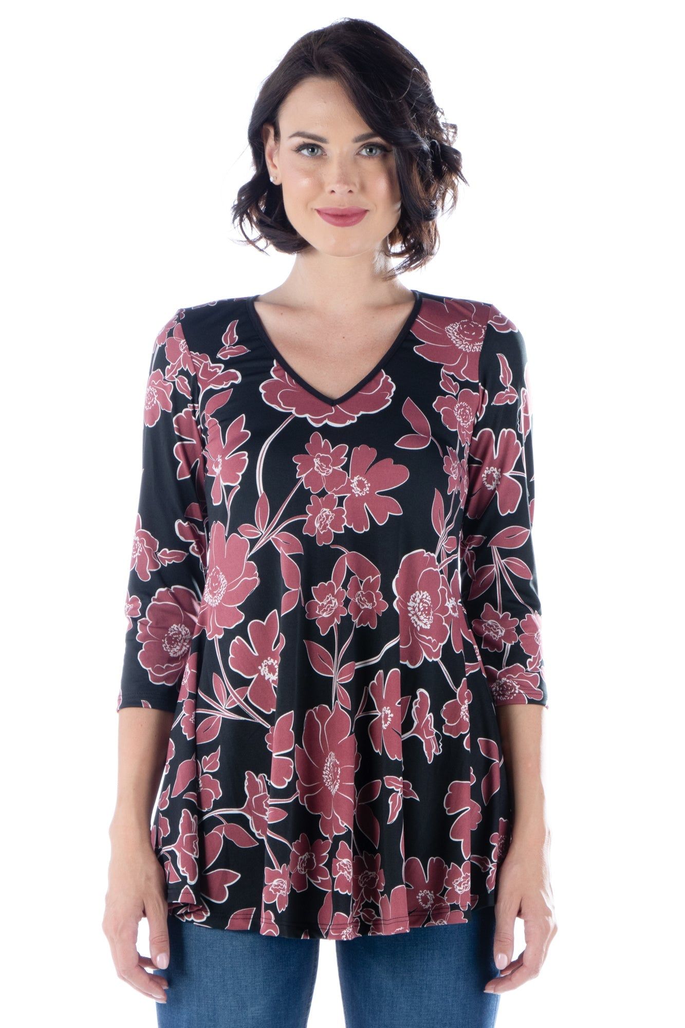 Mauve Floral Print V Neck Flared Tunic Top sold by 24/7 Comfort Apparel