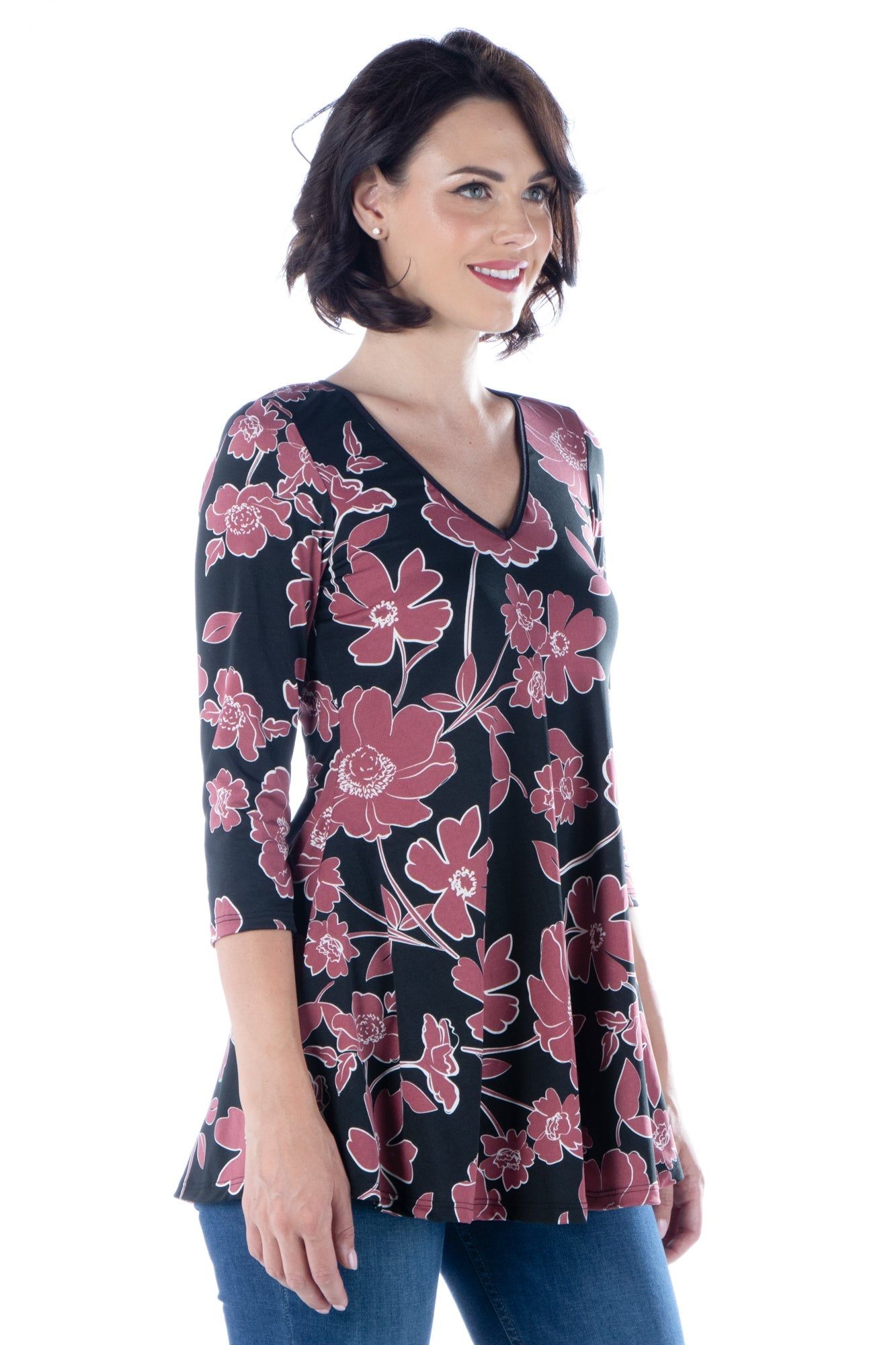 Mauve Floral Print V Neck Flared Tunic Top sold by 24/7 Comfort Apparel product image thumbnail 3