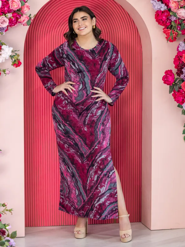 Magenta Print Long Sleeve Side Slit Plus Size Maxi Dress sold by 24/7 Comfort Apparel