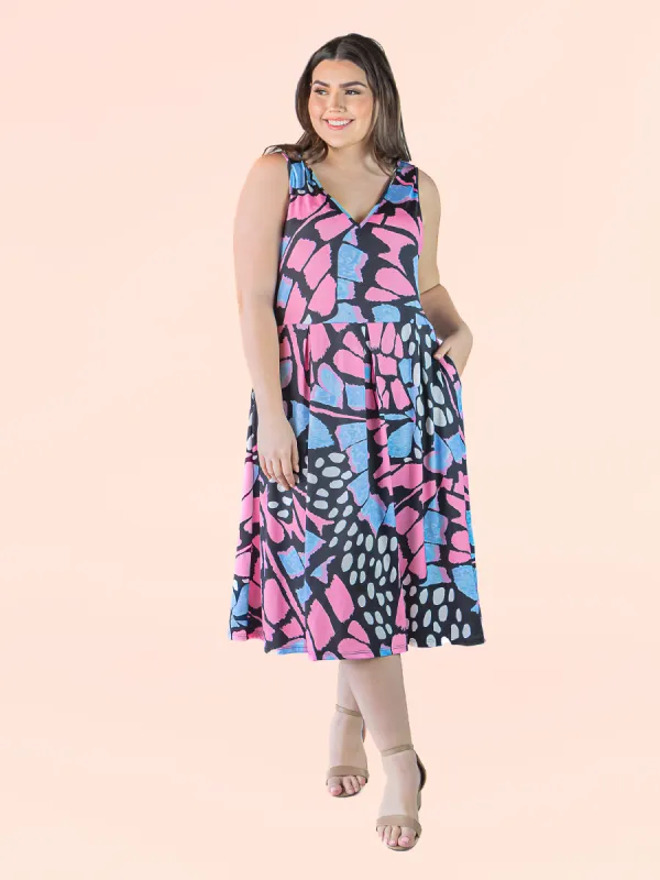 Plus Size Pink Butterfly Sleeveless Print Midi Length Fit and Flare Pocket Dress sold by 24/7 Comfort Apparel