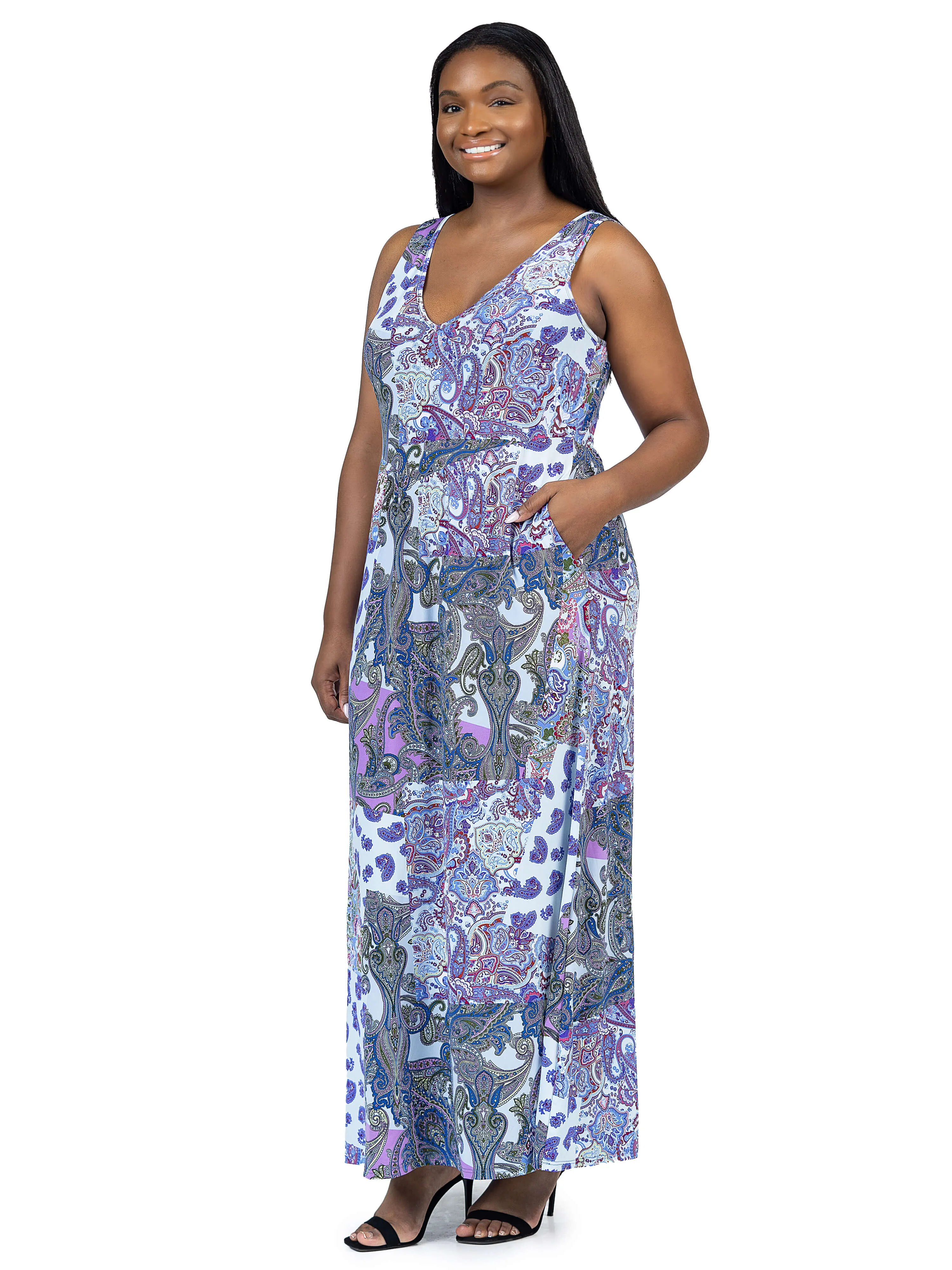 Plus Size Purple Paisley Sleeveless V Neck Maxi Dress With Pockets sold by 24/7 Comfort Apparel product image thumbnail 2