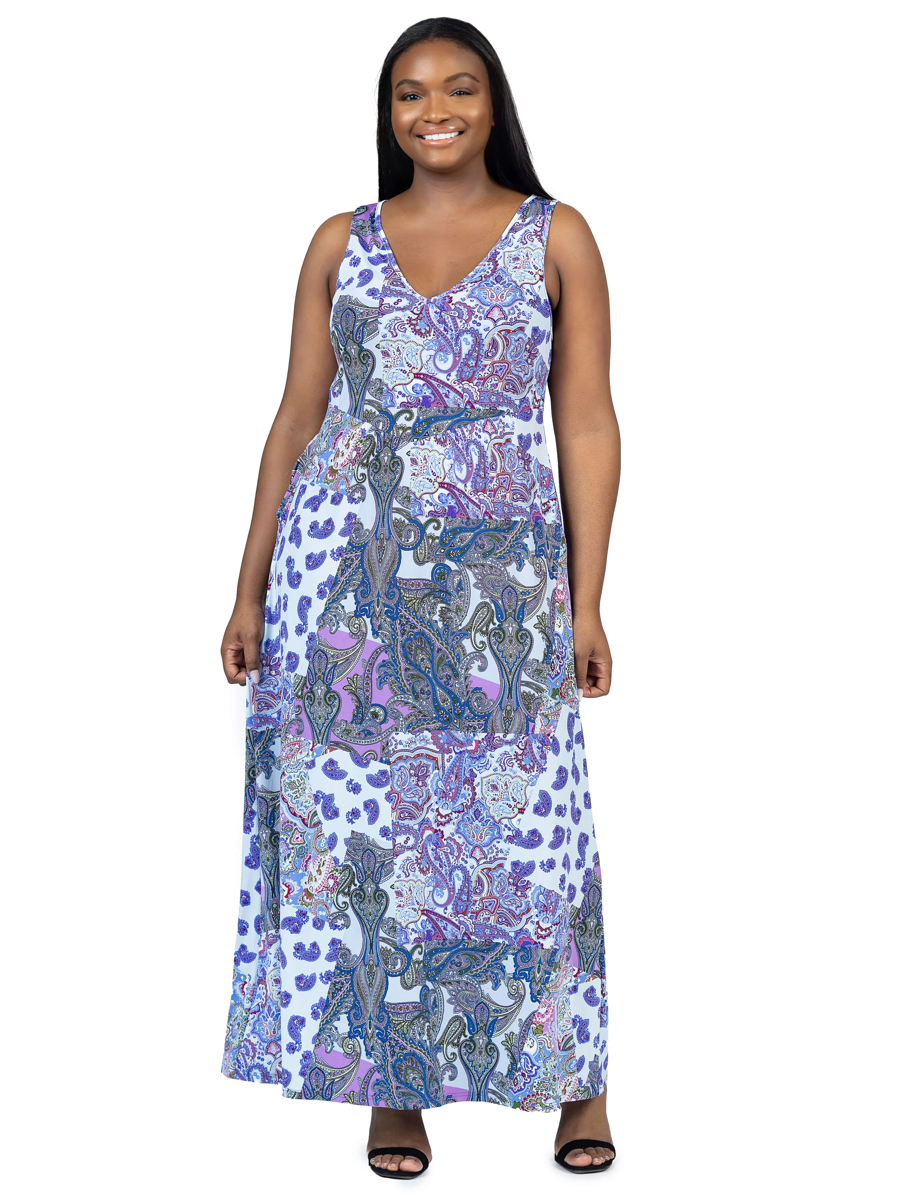 Plus Size Purple Paisley Sleeveless V Neck Maxi Dress With Pockets sold by 24/7 Comfort Apparel