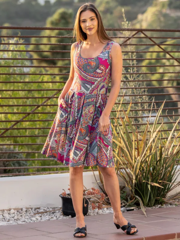 Pink Paisley Print Sleeveless Pleated Knee Length Pocket Dress sold by 24/7 Comfort Apparel