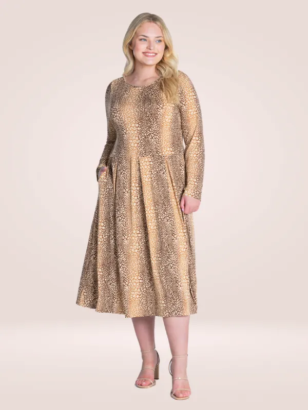 Animal Print Long Sleeve Pleated Plus  Size Midi Dress with Pockets sold by 24/7 Comfort Apparel