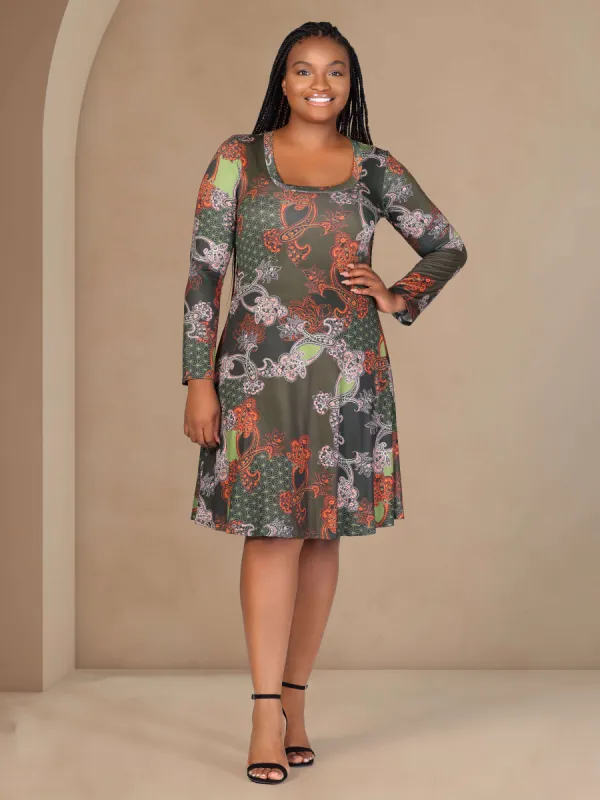 Plus Size Green Paisley Print Long Sleeve Knee Length Dress sold by 24/7 Comfort Apparel