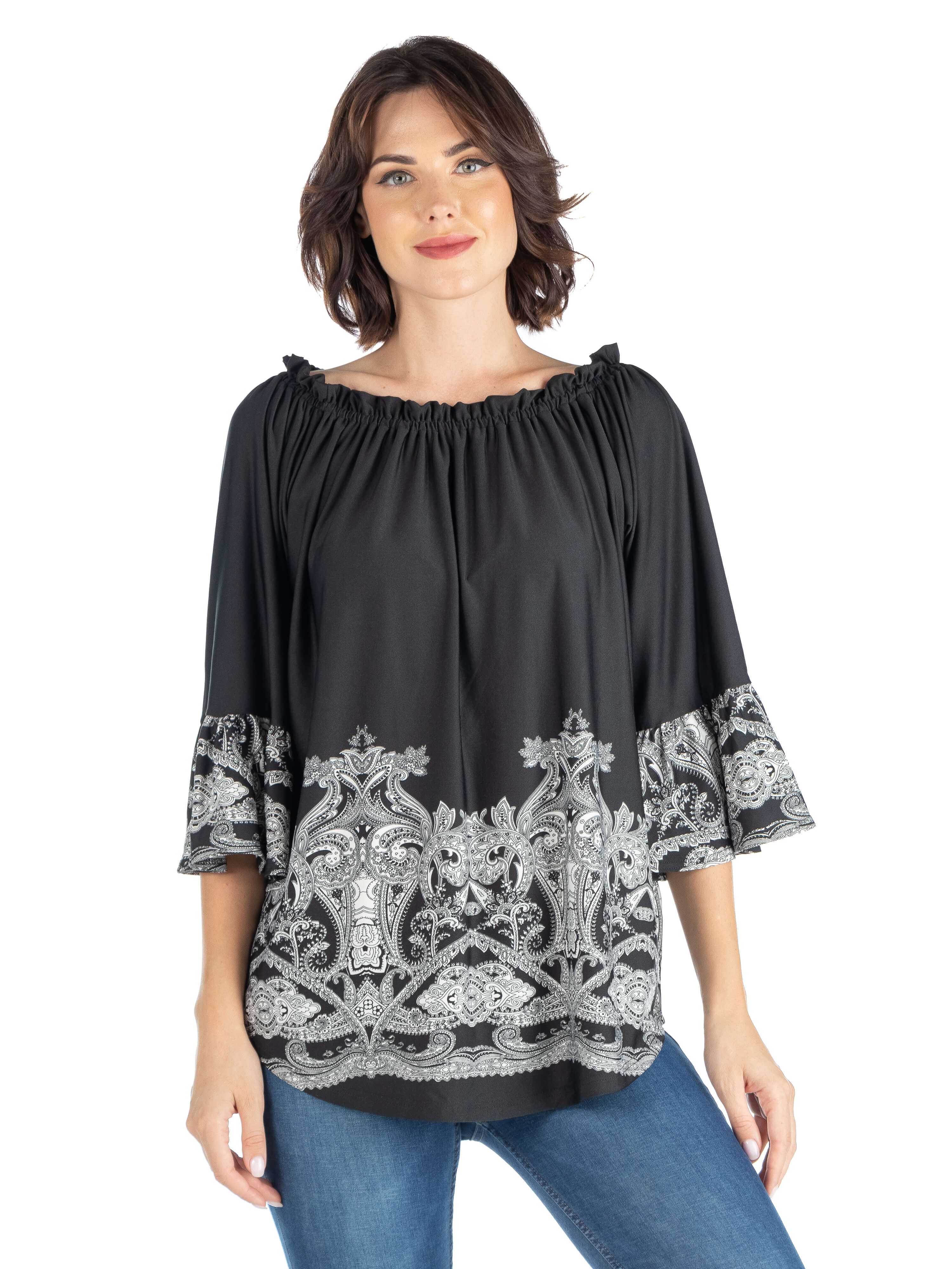 Black Flare Sleeve Elastic Neckline Tunic Tops sold by 24/7 Comfort Apparel