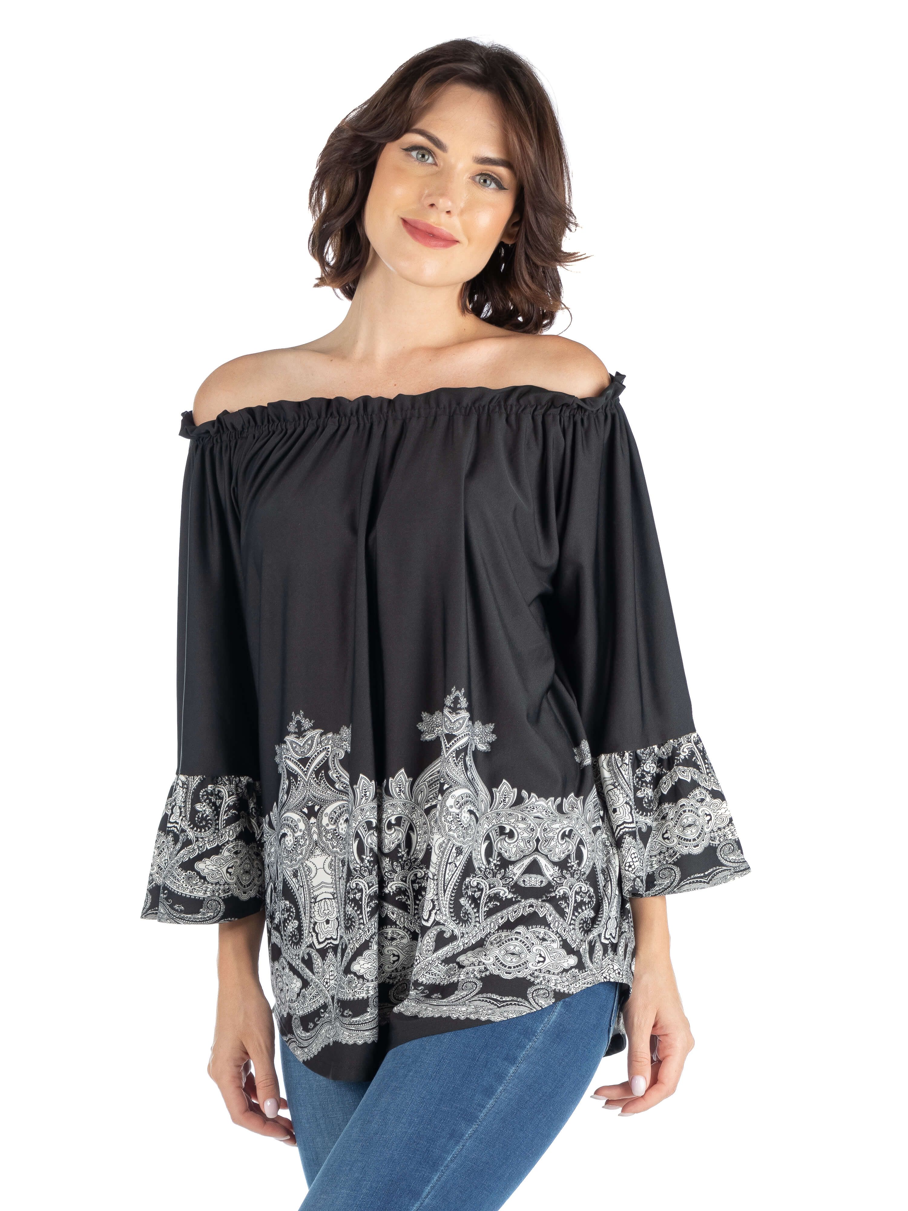 Black Flare Sleeve Elastic Neckline Tunic Tops sold by 24/7 Comfort Apparel product image thumbnail 2
