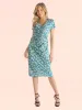 Teal Mini Flower Print Short Sleeve Knee Length Faux Wrap Dress sold by 24/7 Comfort Apparel