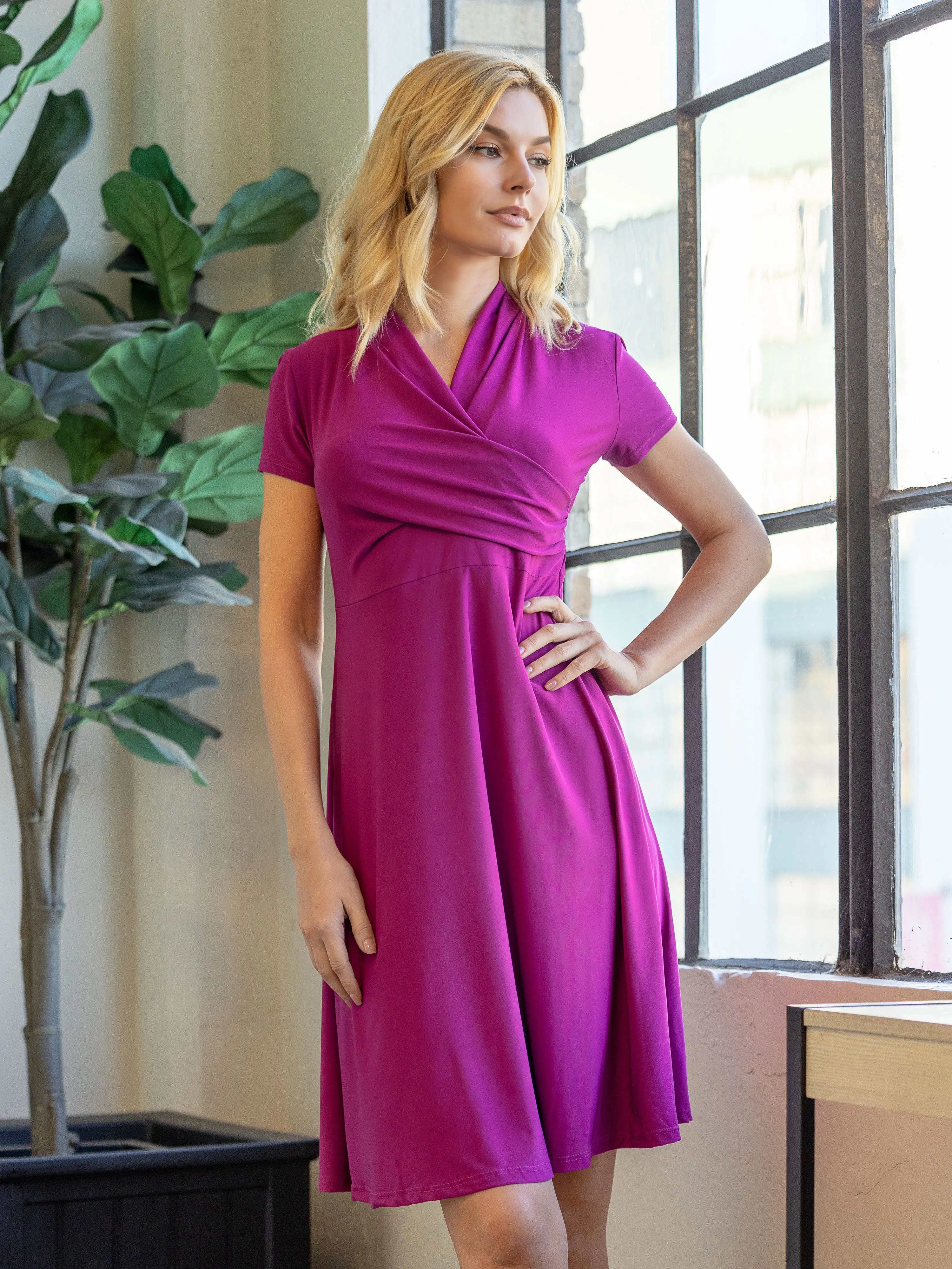 Womens Short Sleeve Knee Length V Neck Rouched Wrap Dress sold by 24/7 Comfort Apparel