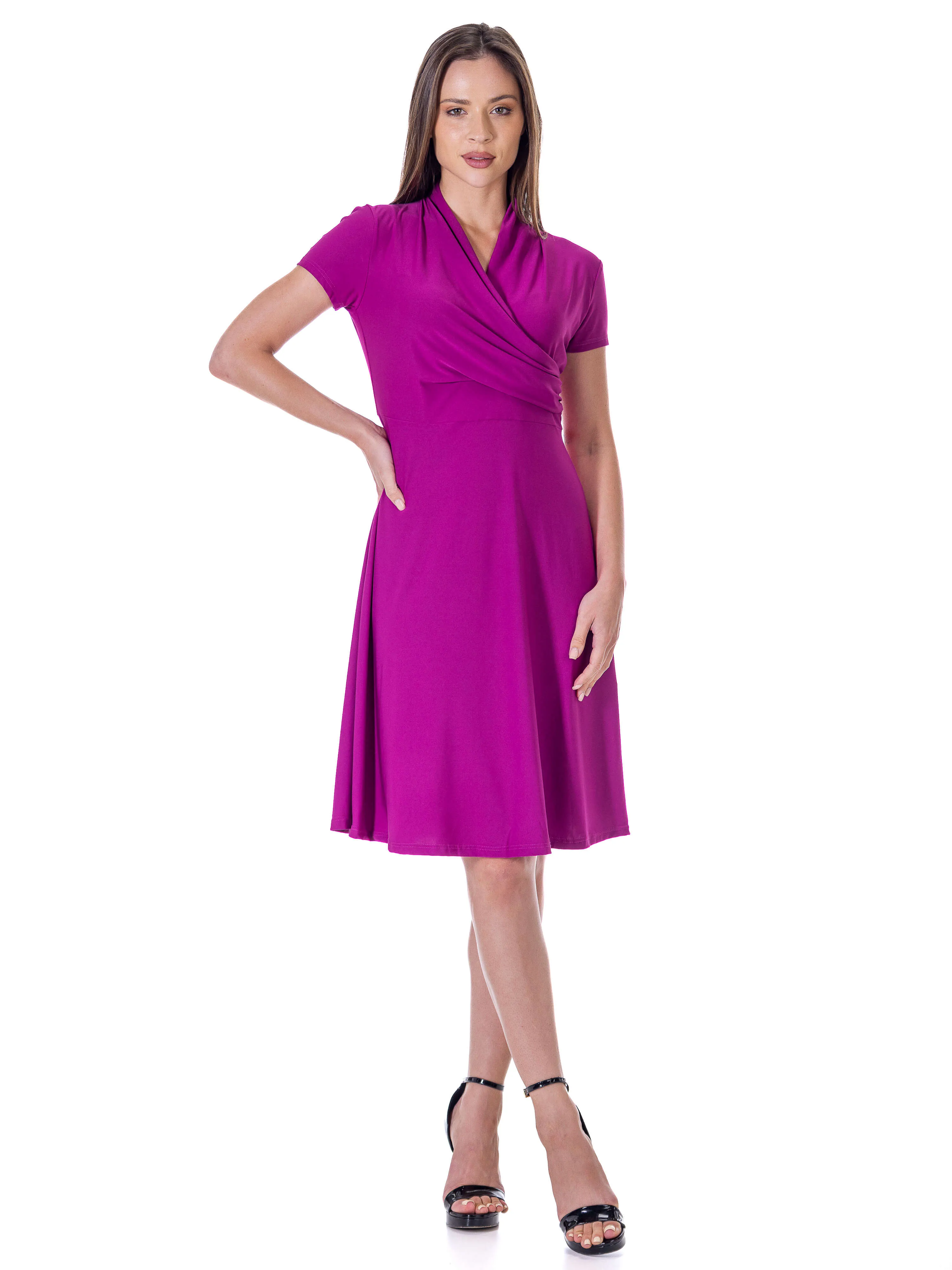 Womens Short Sleeve Knee Length V Neck Rouched Wrap Dress sold by 24/7 Comfort Apparel product image thumbnail 2