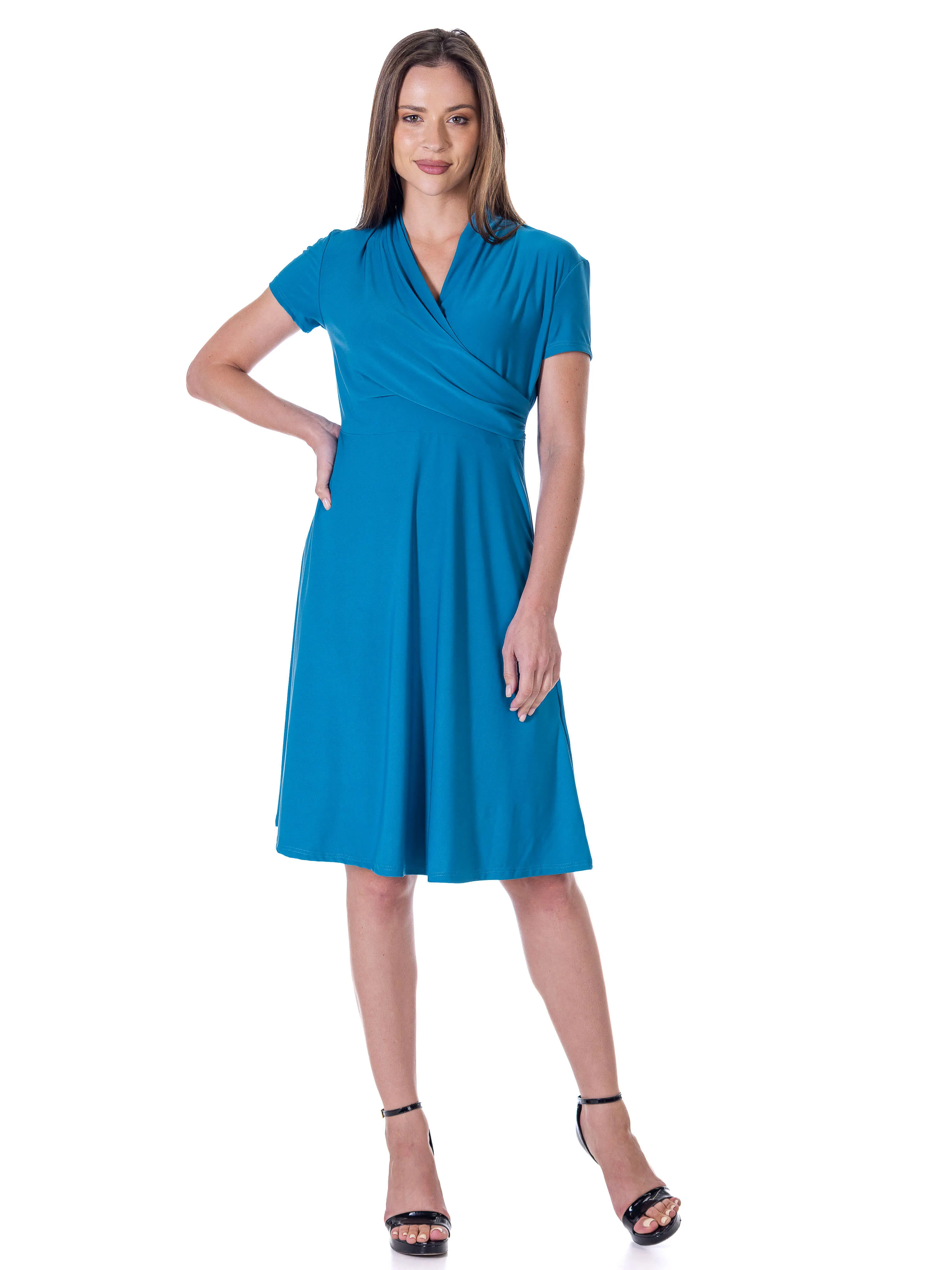 Womens Short Sleeve Knee Length V Neck Rouched Wrap Dress sold by 24/7 Comfort Apparel product image thumbnail 3