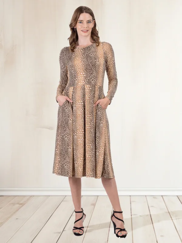 Animal Print Long Sleeve Pleated Midi Dress with Pockets sold by 24/7 Comfort Apparel