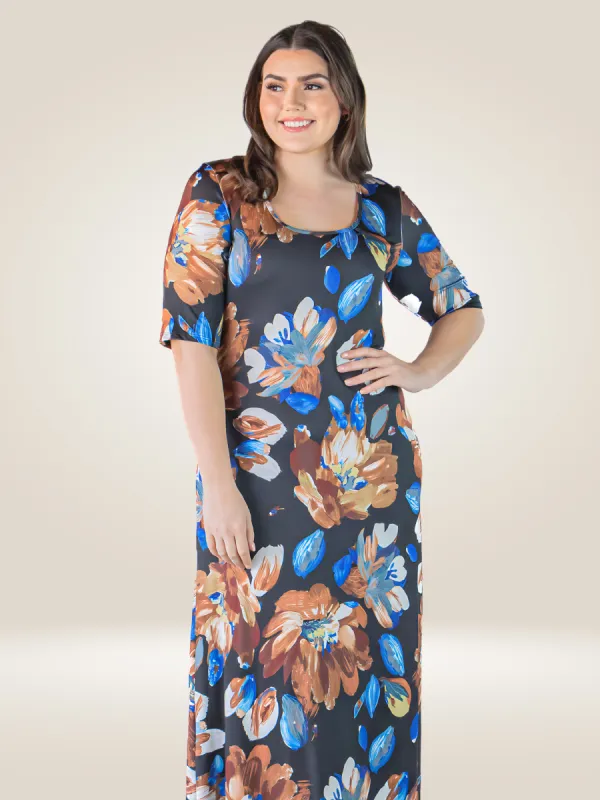 Plus Size Black Floral Elbow Sleeve Loose Long Casual Maxi Dress sold by 24/7 Comfort Apparel