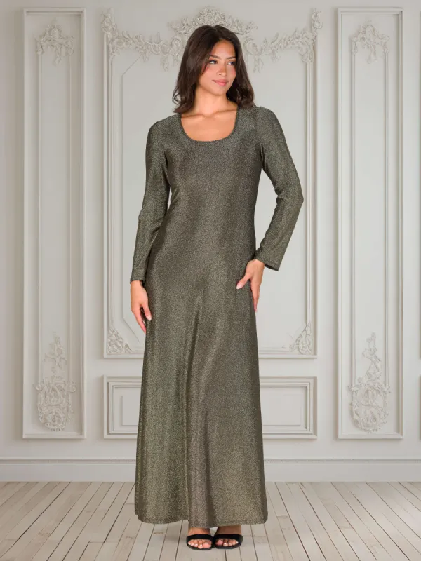 Long Sleeve Scoop Neck Shimmery Fabric Maxi Dress sold by 24/7 Comfort Apparel
