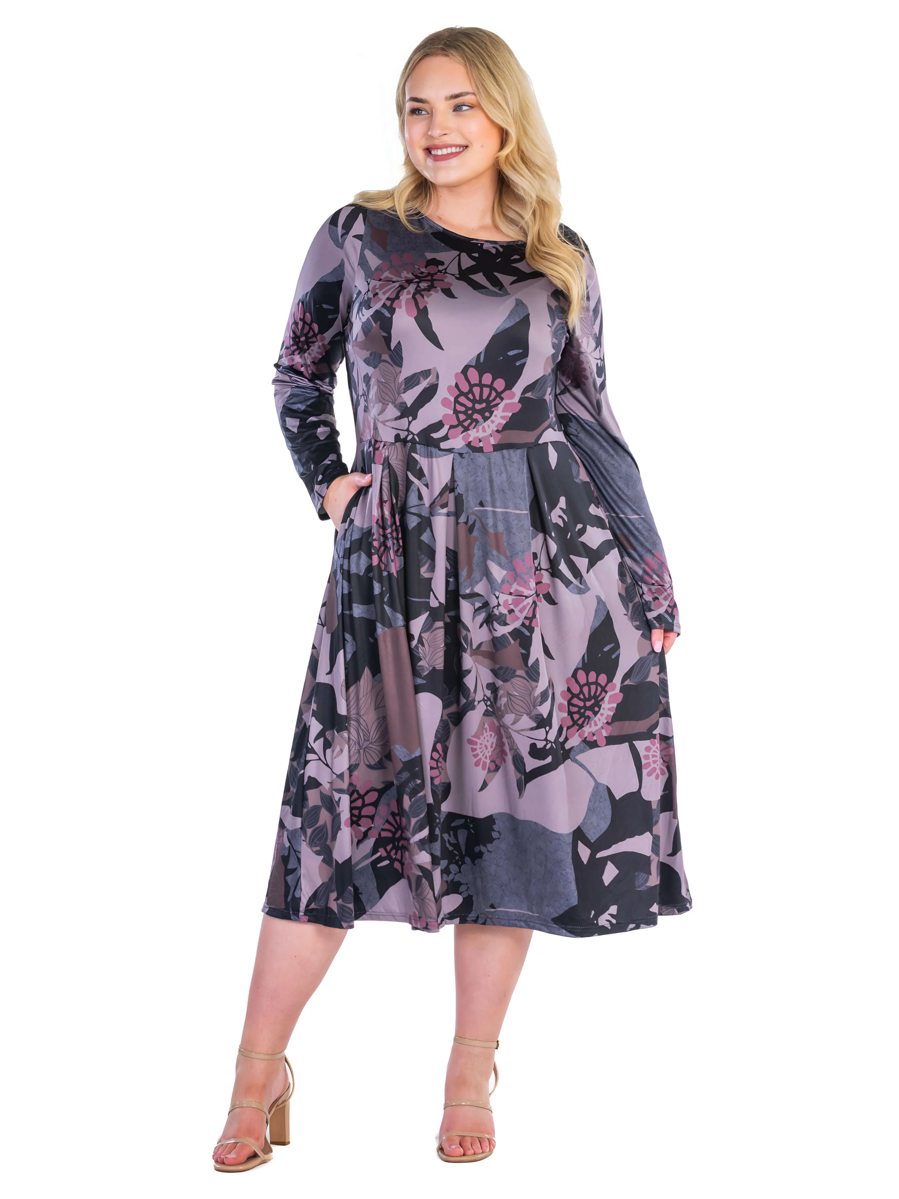 Grey and Mauve Floral Long Sleeve Pleated Pocket Plus Size Midi Dress sold by 24/7 Comfort Apparel product image thumbnail 4