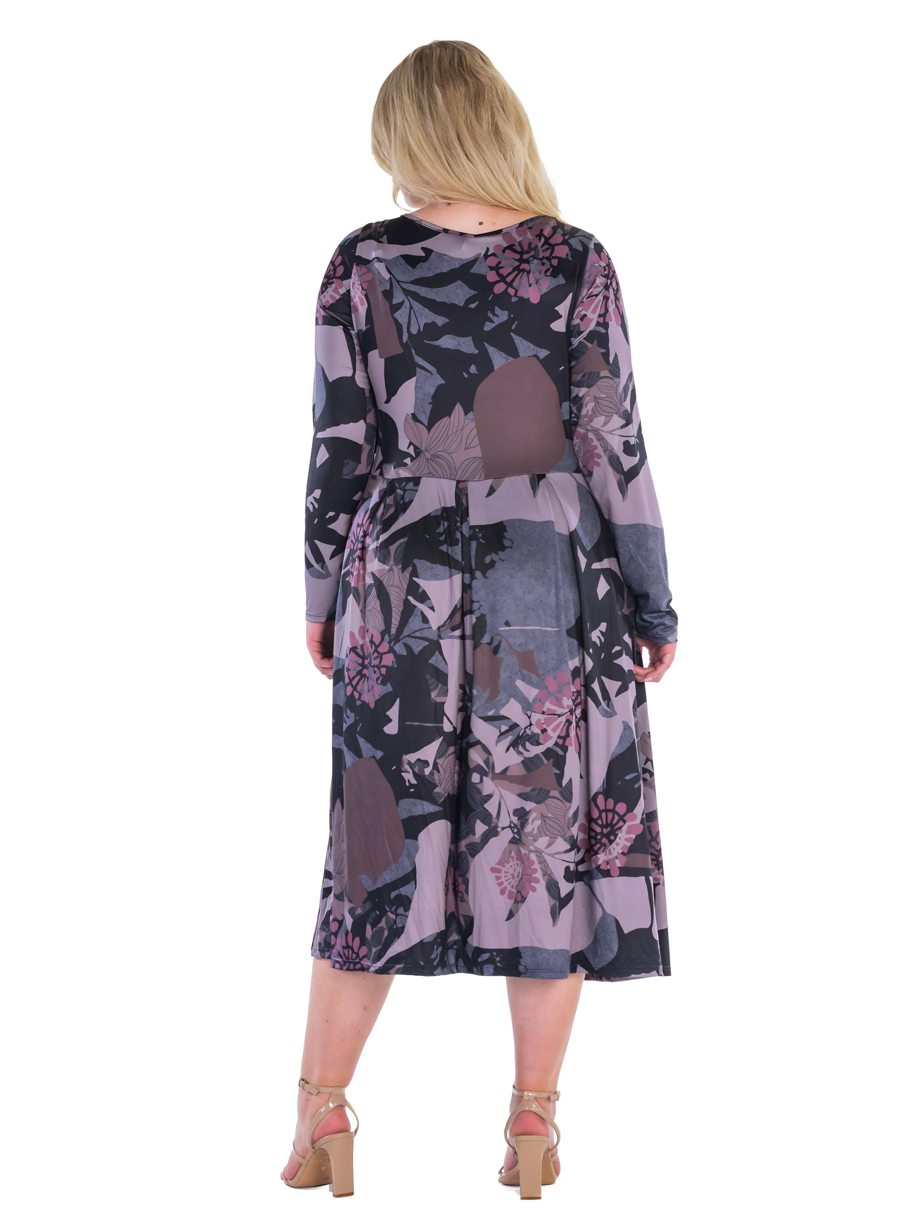 Grey and Mauve Floral Long Sleeve Pleated Pocket Plus Size Midi Dress sold by 24/7 Comfort Apparel product image thumbnail 5