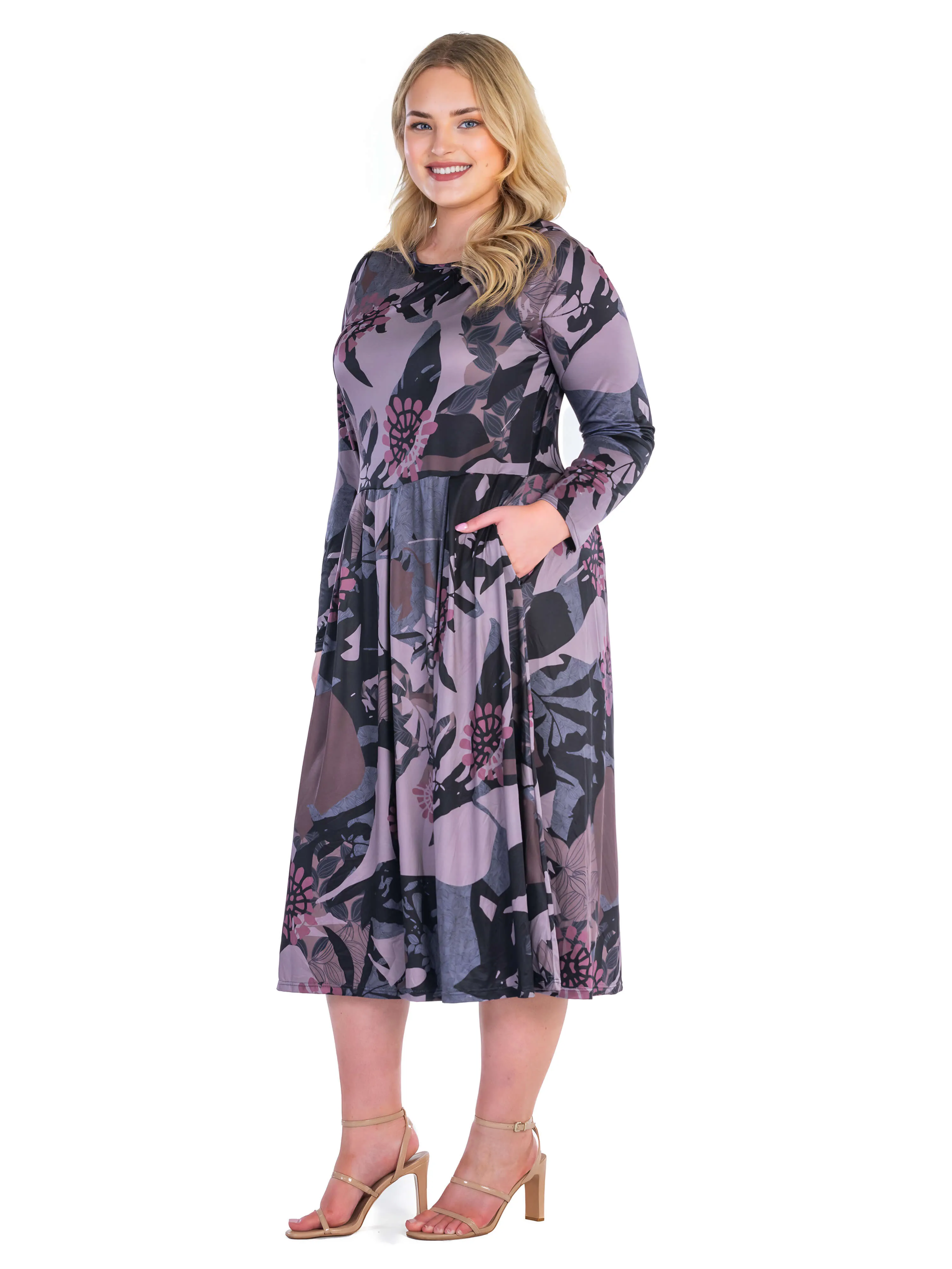 Grey and Mauve Floral Long Sleeve Pleated Pocket Plus Size Midi Dress sold by 24/7 Comfort Apparel product image thumbnail 3