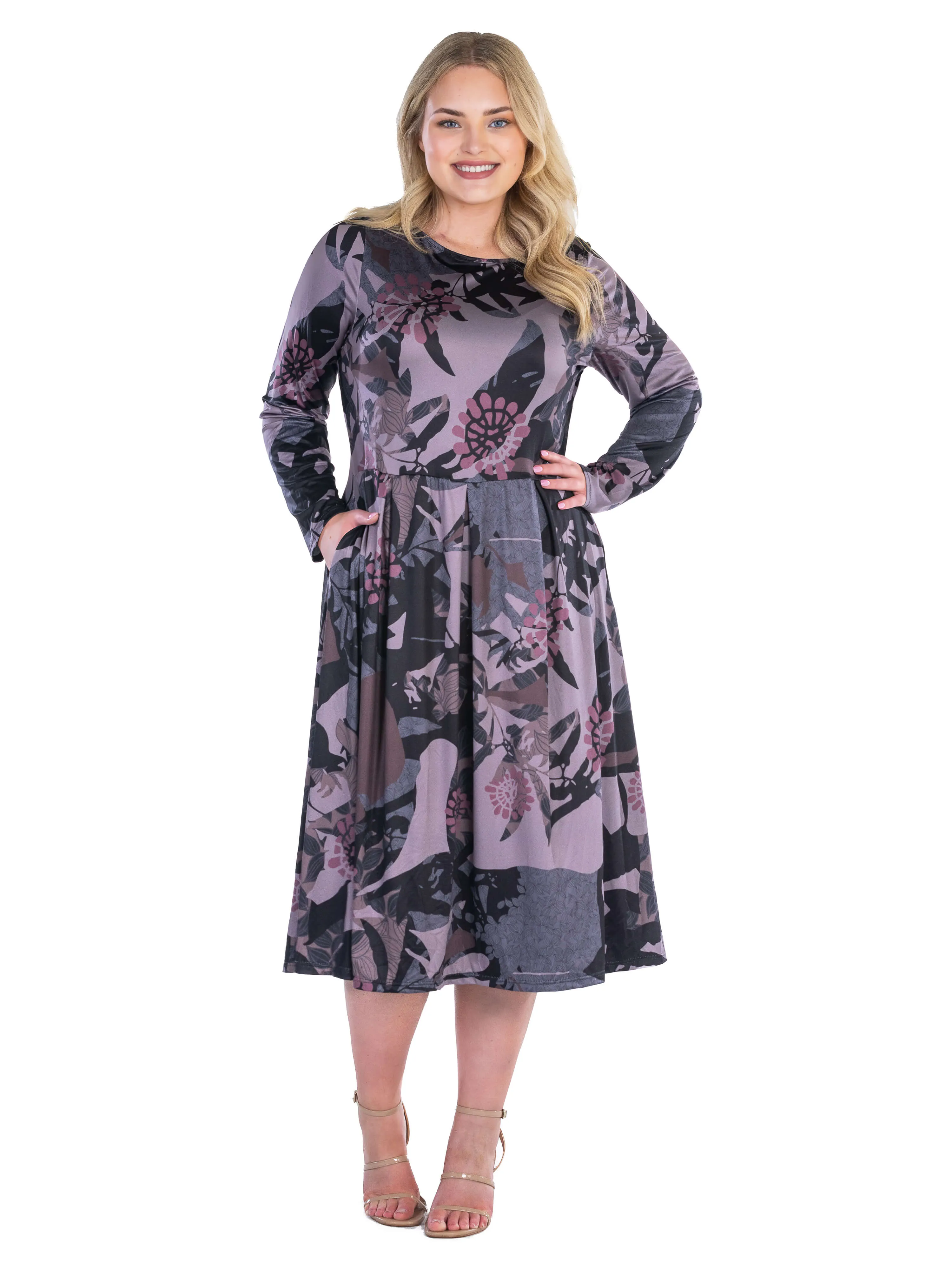 Grey and Mauve Floral Long Sleeve Pleated Pocket Plus Size Midi Dress sold by 24/7 Comfort Apparel product image thumbnail 2