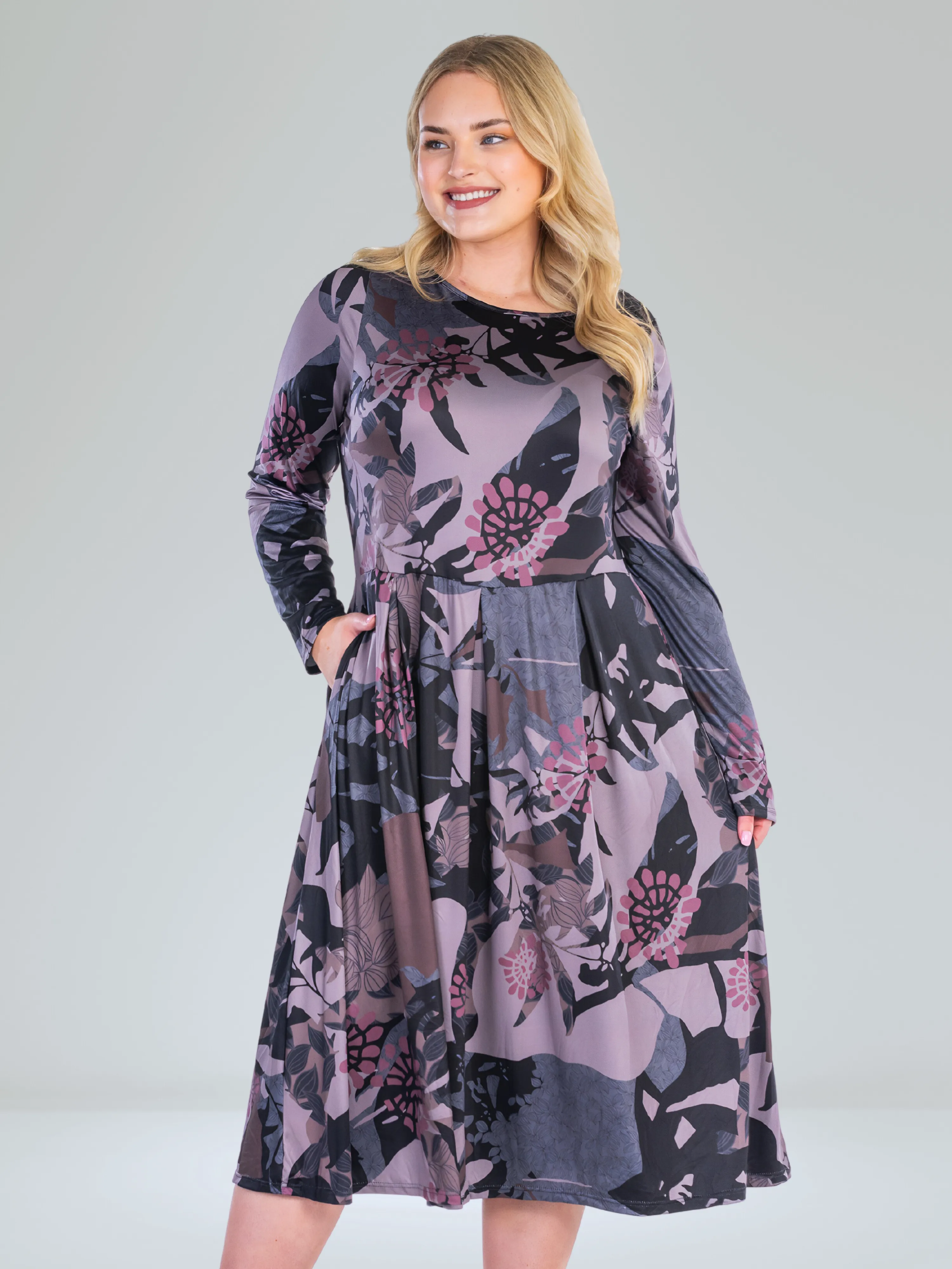Grey and Mauve Floral Long Sleeve Pleated Pocket Plus Size Midi Dress sold by 24/7 Comfort Apparel