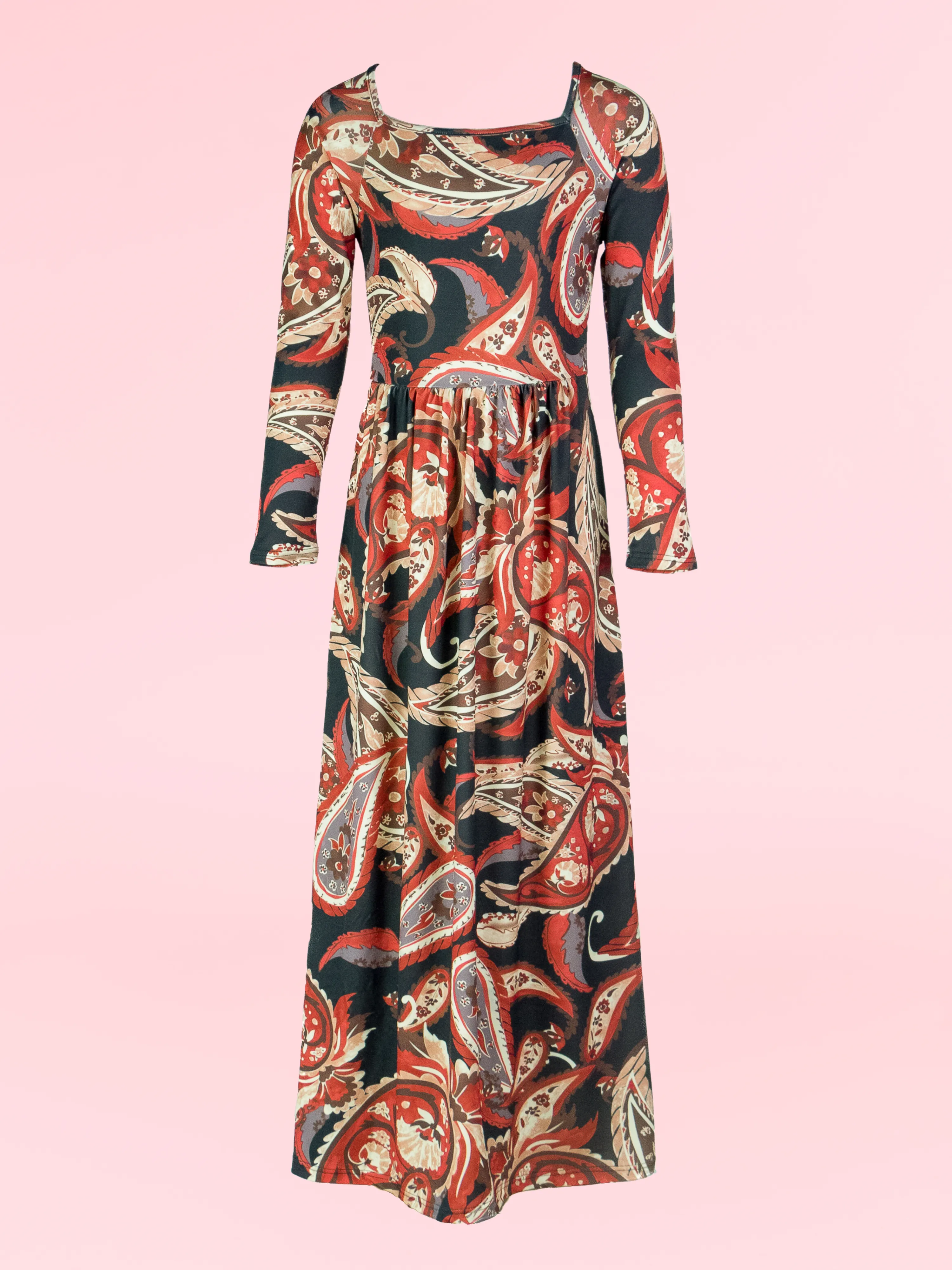 24seven Comfort Apparel Girls Black and Red Paisley Long Sleeve Pleated Maxi Dress sold by 24/7 Comfort Apparel product image thumbnail 2