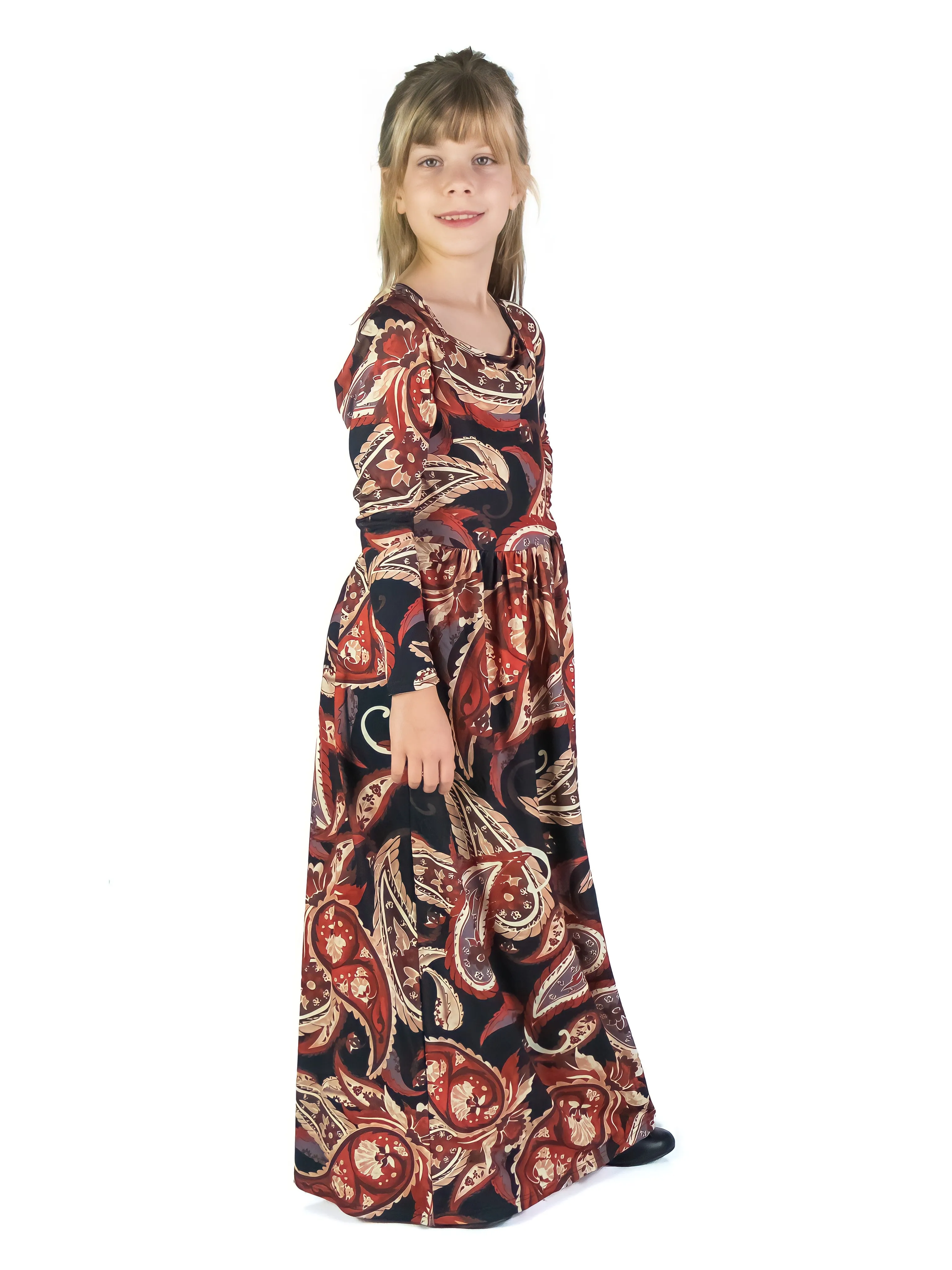 24seven Comfort Apparel Girls Black and Red Paisley Long Sleeve Pleated Maxi Dress sold by 24/7 Comfort Apparel product image thumbnail 4