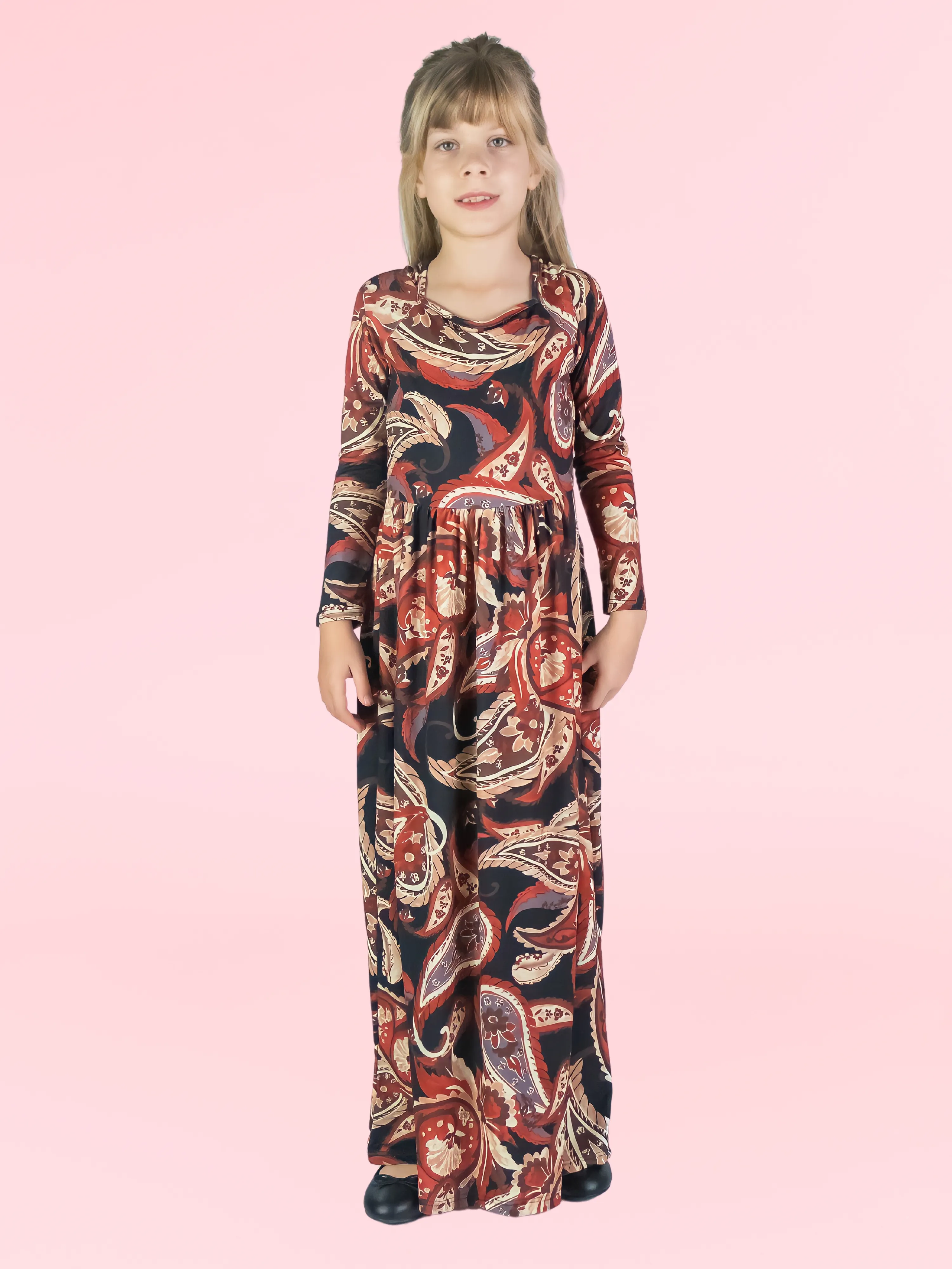 24seven Comfort Apparel Girls Black and Red Paisley Long Sleeve Pleated Maxi Dress sold by 24/7 Comfort Apparel