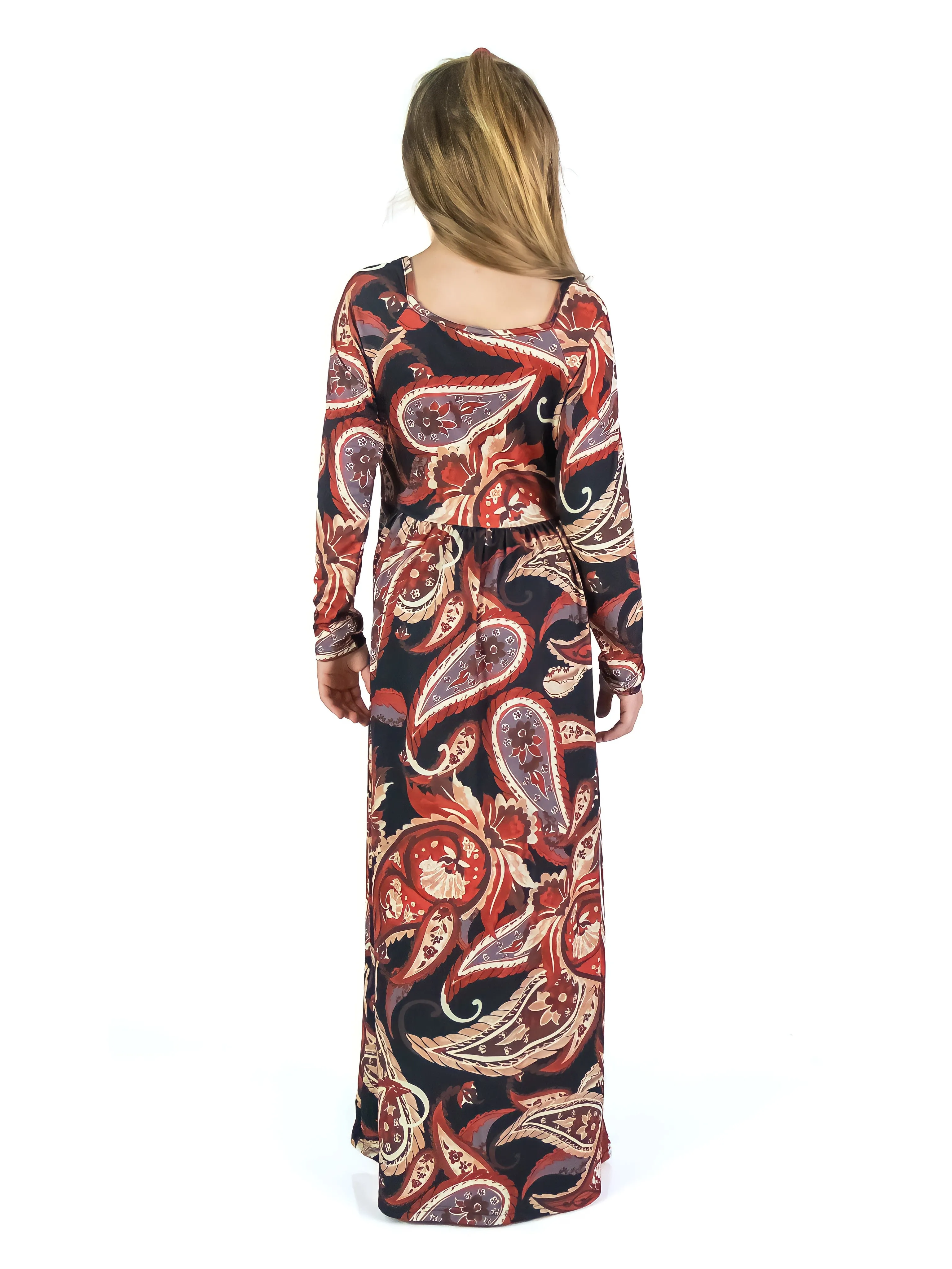 24seven Comfort Apparel Girls Black and Red Paisley Long Sleeve Pleated Maxi Dress sold by 24/7 Comfort Apparel product image thumbnail 5