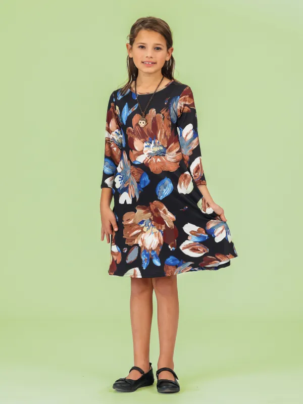 24seven Comfort Apparel Girls Long Sleeve Black Floral Knee Length Pocket Dress sold by 24/7 Comfort Apparel